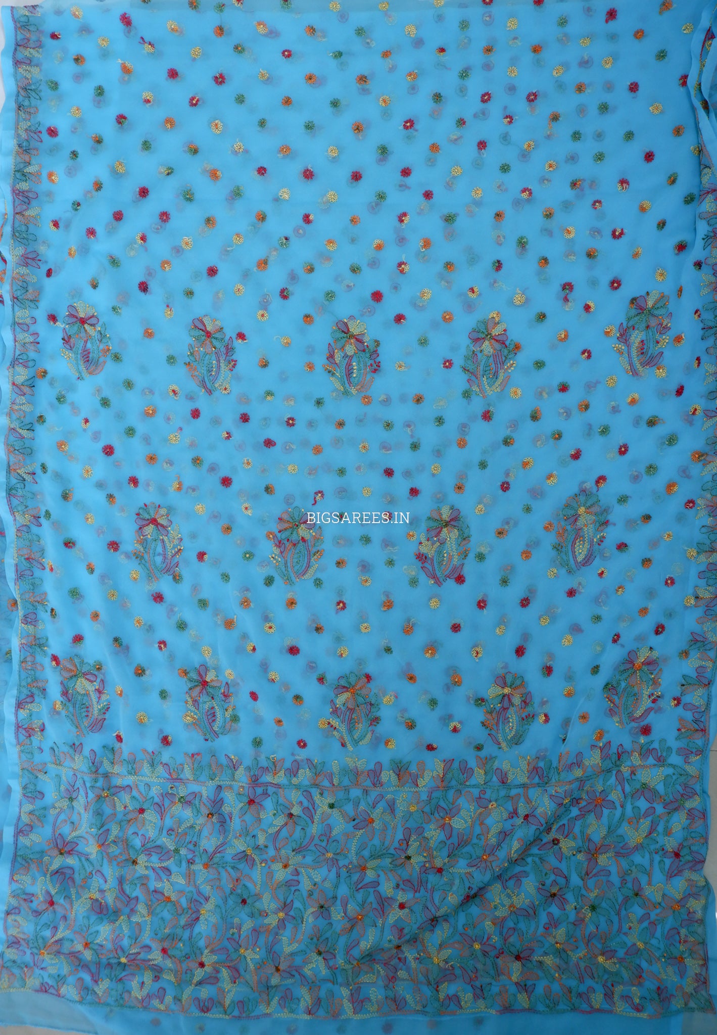 Chikankari Hand Embroidered Saree | Semi Georgette | Light Blue