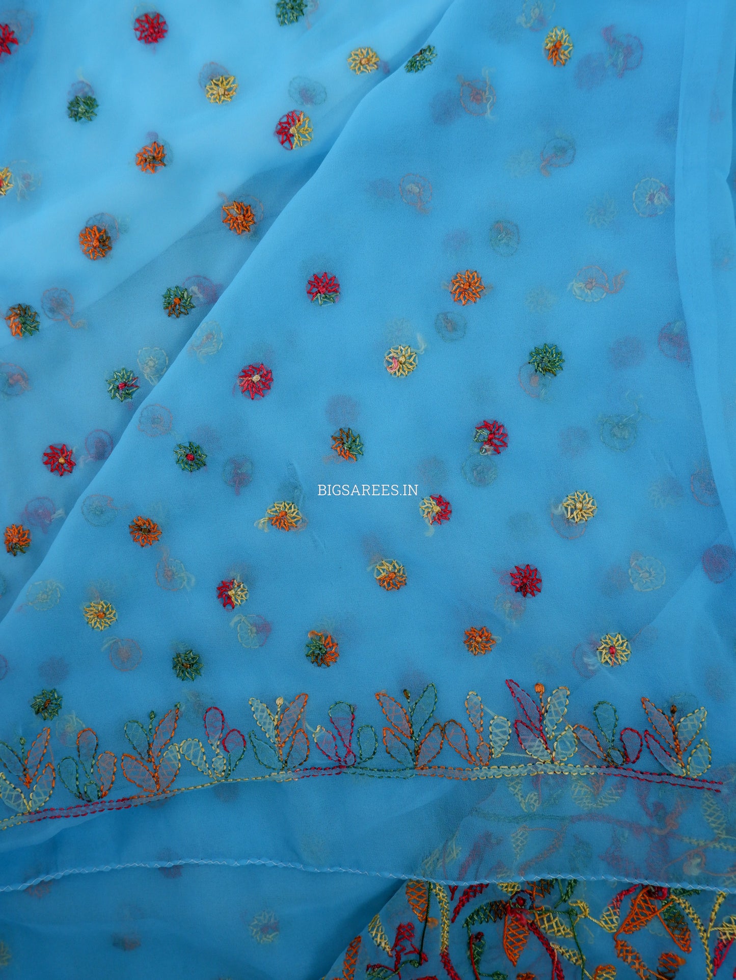 Chikankari Hand Embroidered Saree | Semi Georgette | Light Blue