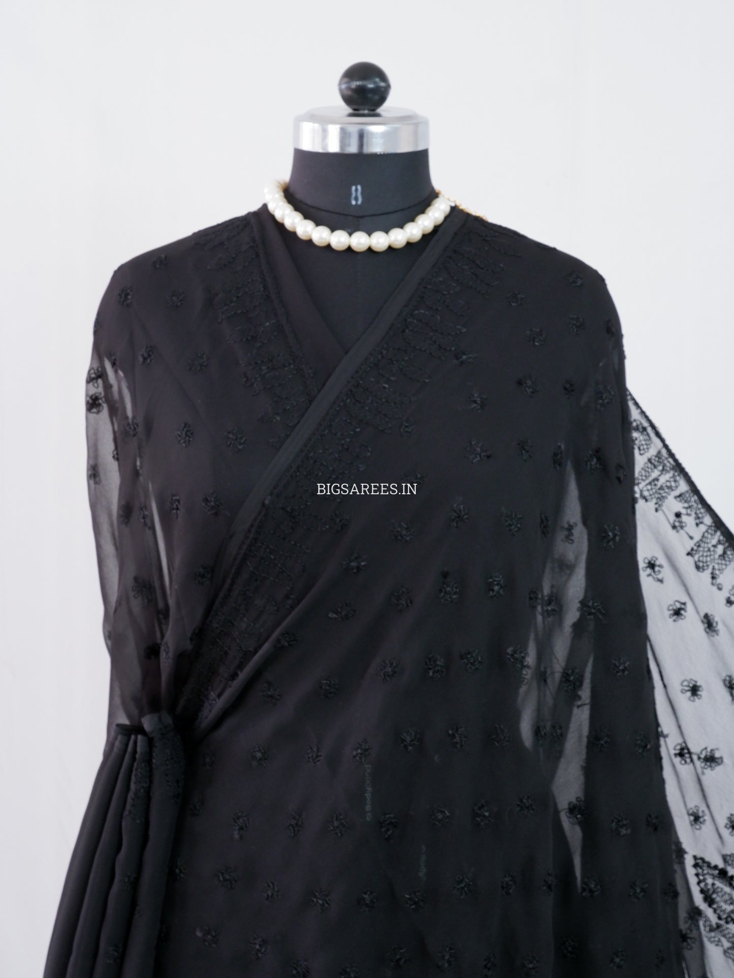 Chikankari Hand Embroidered Saree | Semi Georgette | Jet Black