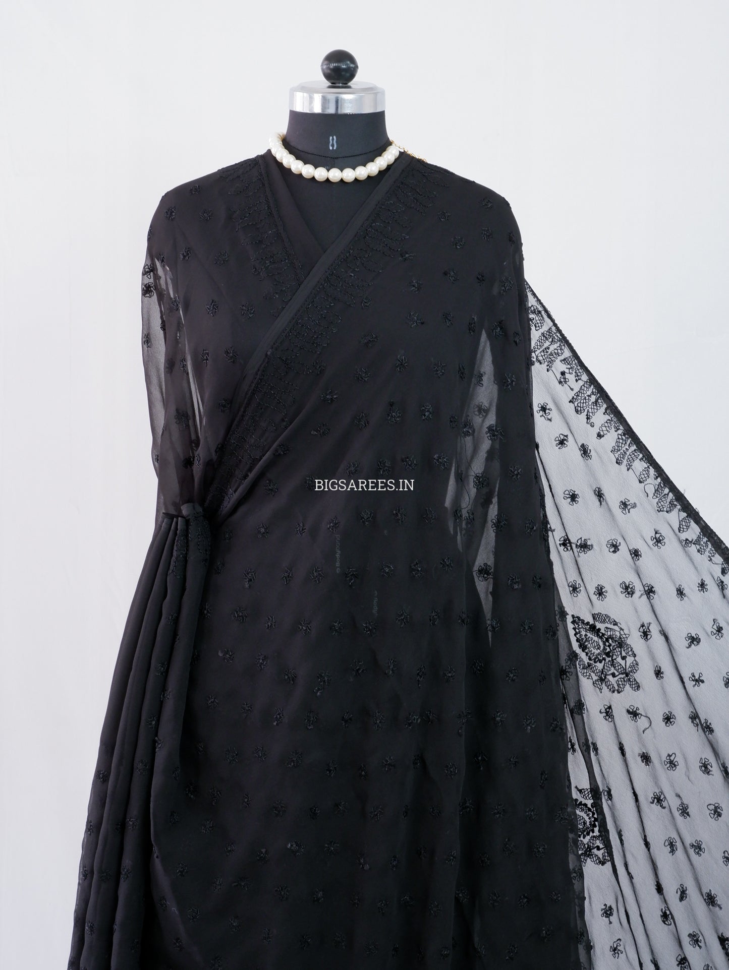 Chikankari Hand Embroidered Saree | Semi Georgette | Jet Black
