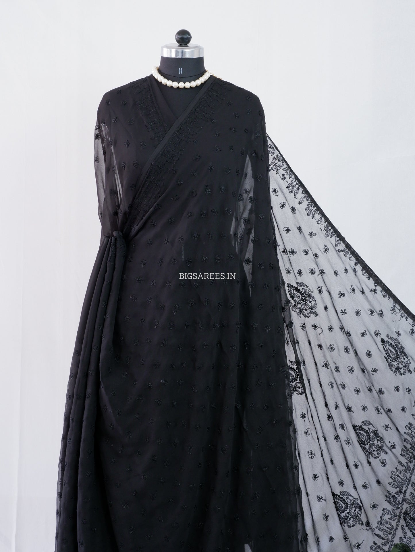 Chikankari Hand Embroidered Saree | Semi Georgette | Jet Black