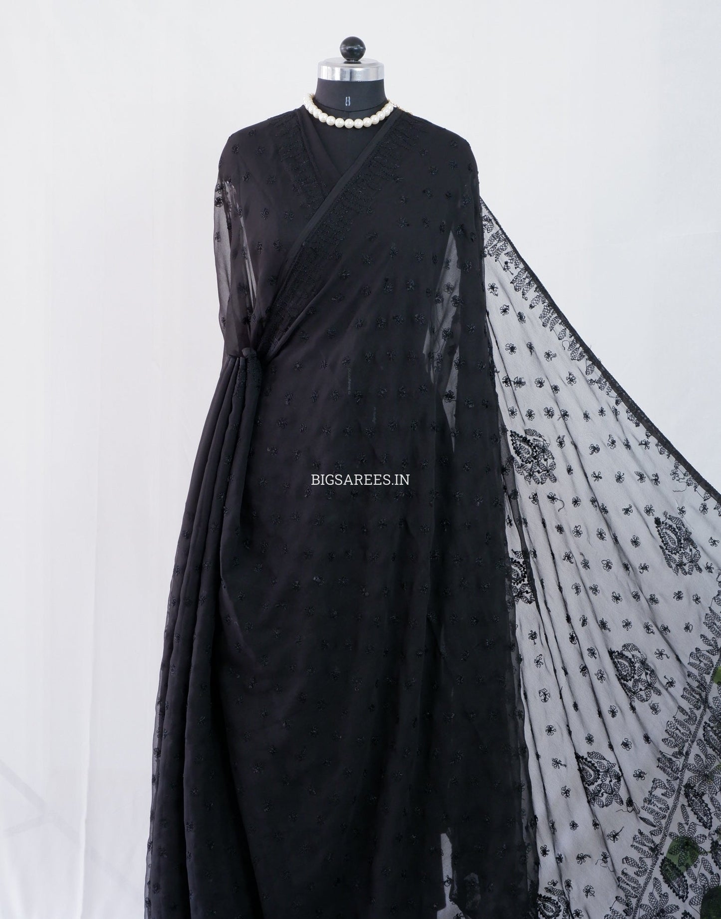 Chikankari Hand Embroidered Saree | Semi Georgette | Jet Black