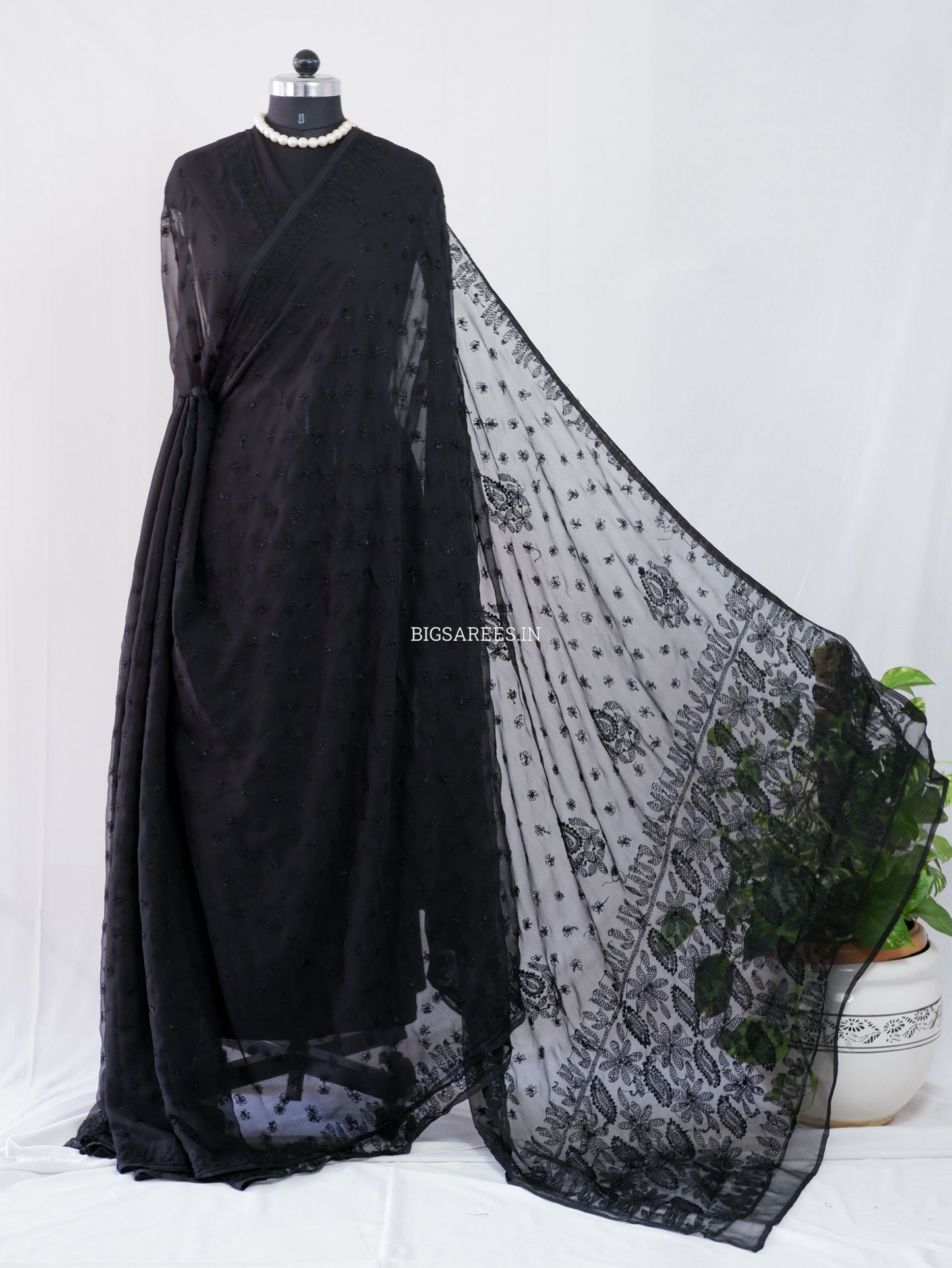 Chikankari Hand Embroidered Saree | Semi Georgette | Jet Black