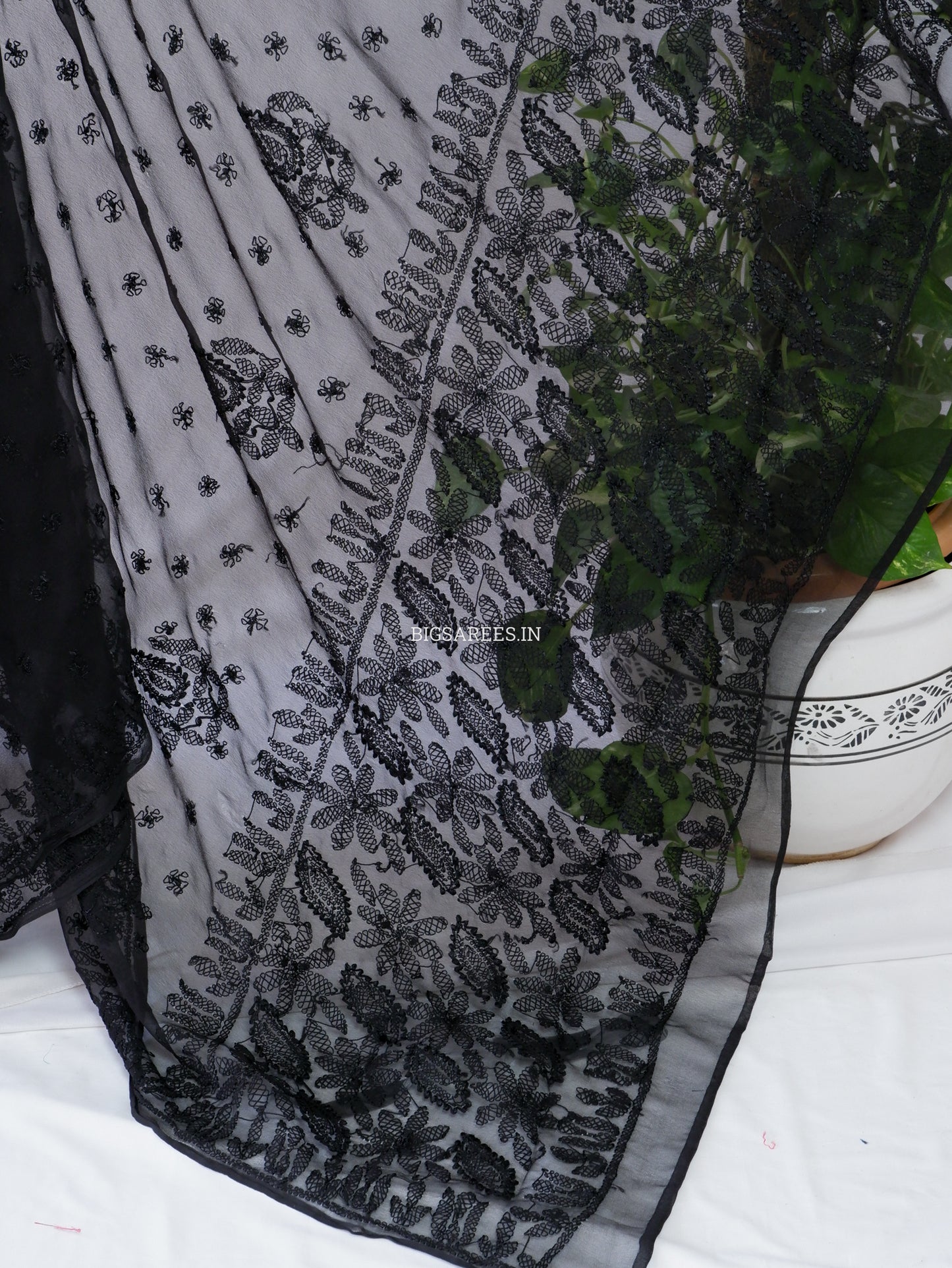 Chikankari Hand Embroidered Saree | Semi Georgette | Jet Black