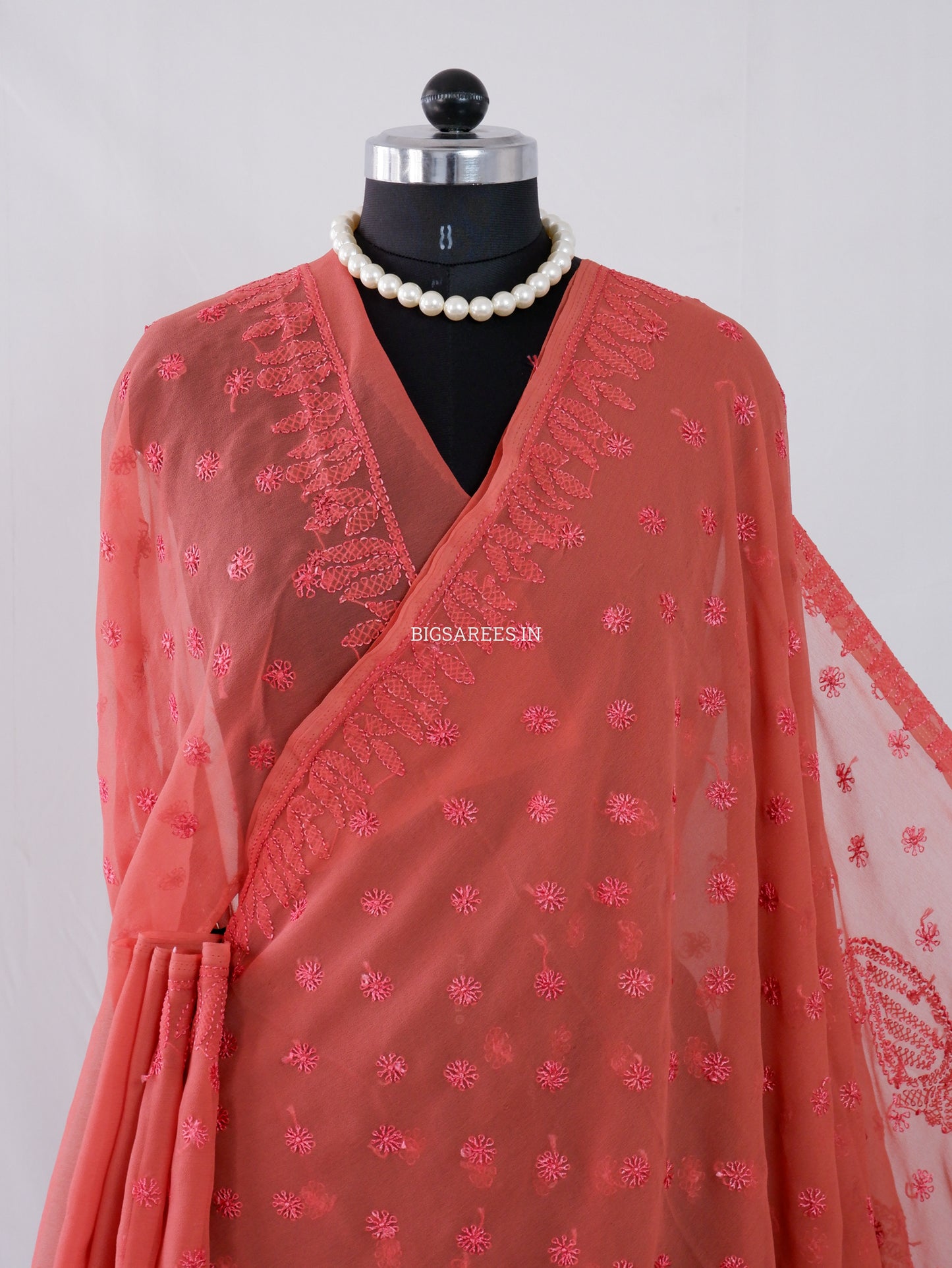 Chikankari Hand Embroidered Saree | Semi Georgette | Muted Red