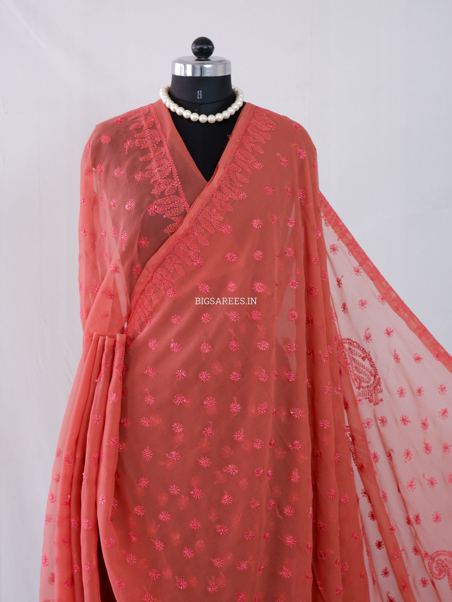 Chikankari Hand Embroidered Saree | Semi Georgette | Muted Red