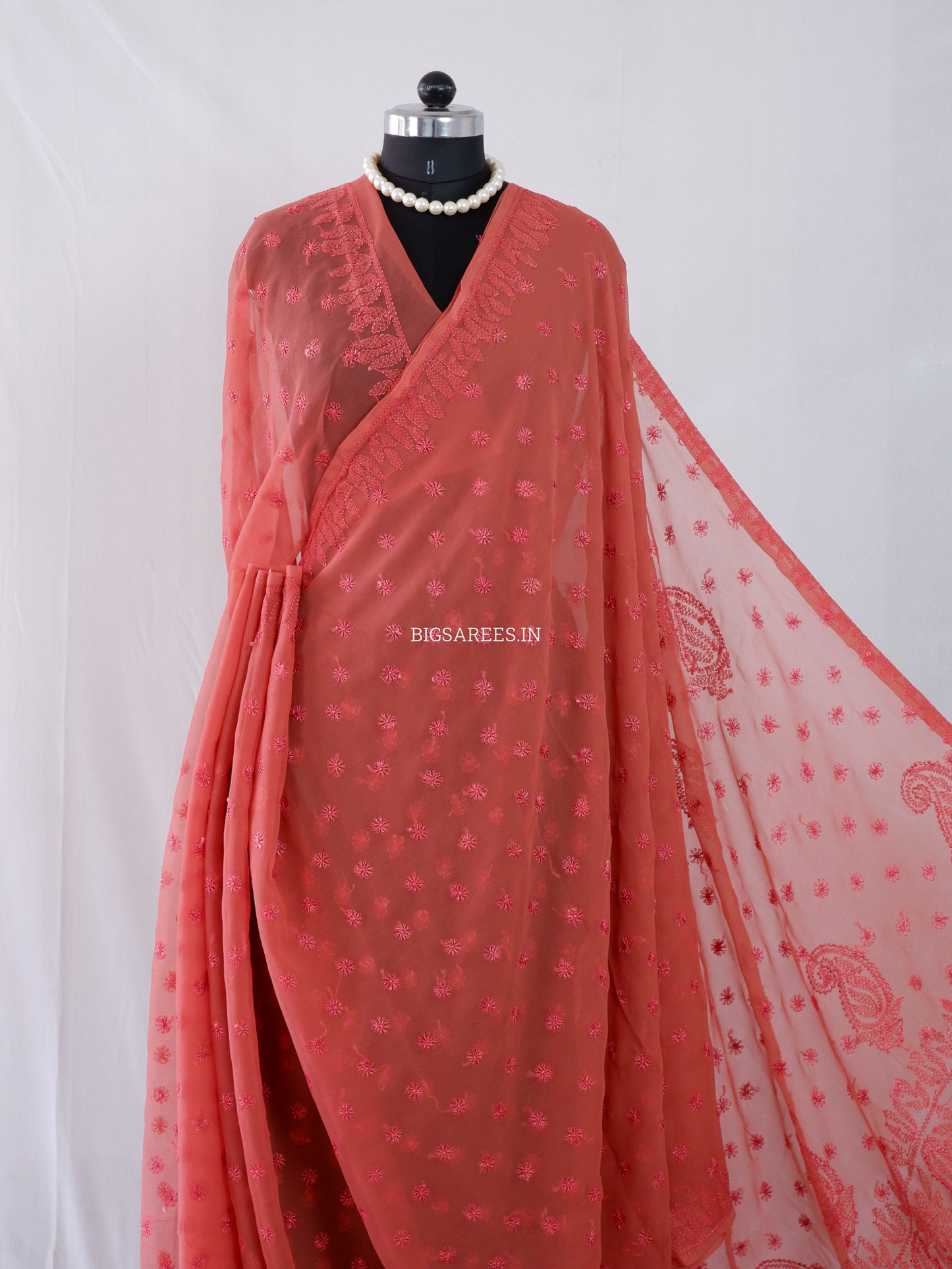 Chikankari Hand Embroidered Saree | Semi Georgette | Muted Red