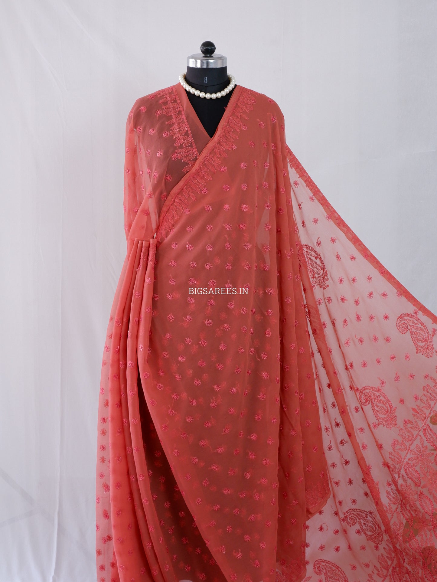 Chikankari Hand Embroidered Saree | Semi Georgette | Muted Red