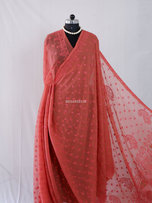 Chikankari Hand Embroidered Saree | Semi Georgette | Muted Red