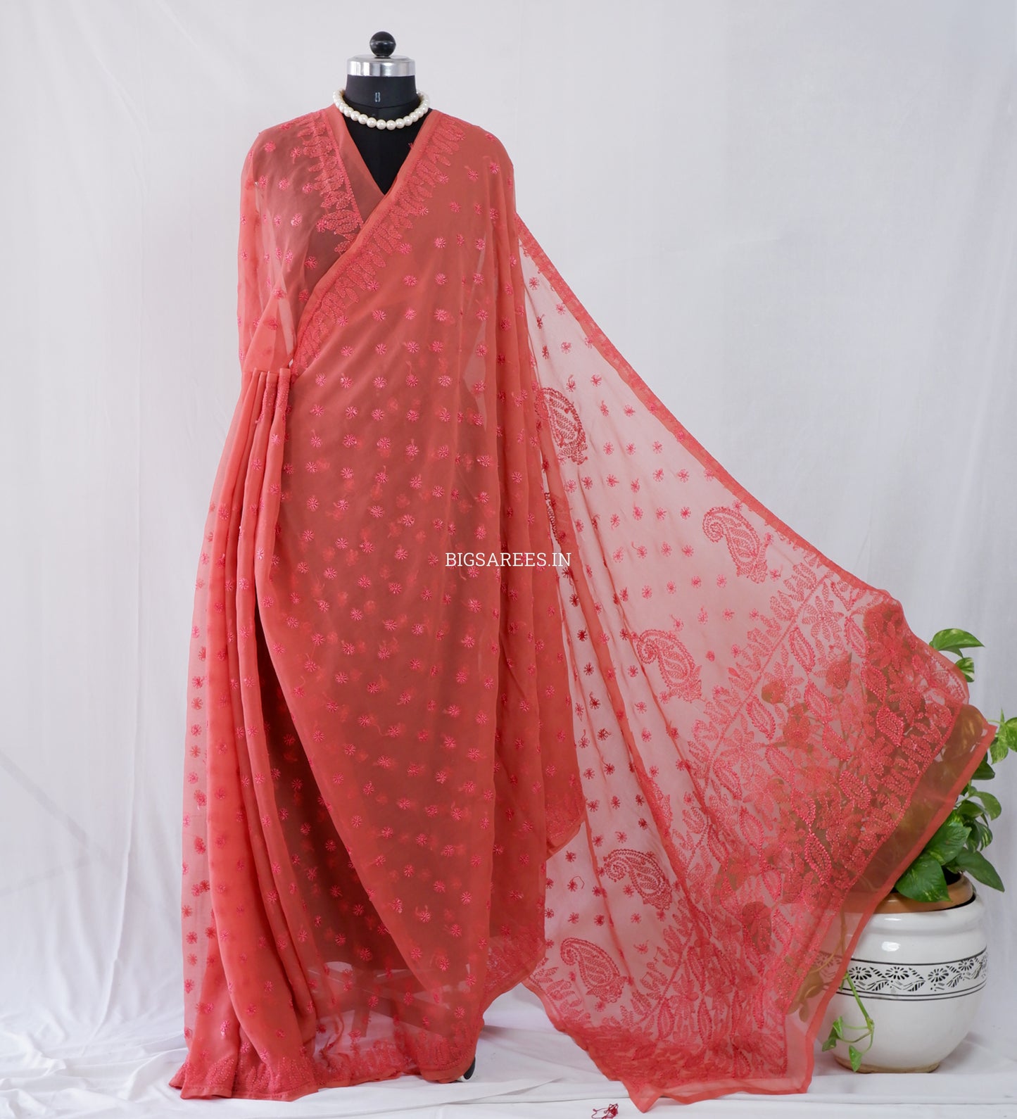 Chikankari Hand Embroidered Saree | Semi Georgette | Muted Red