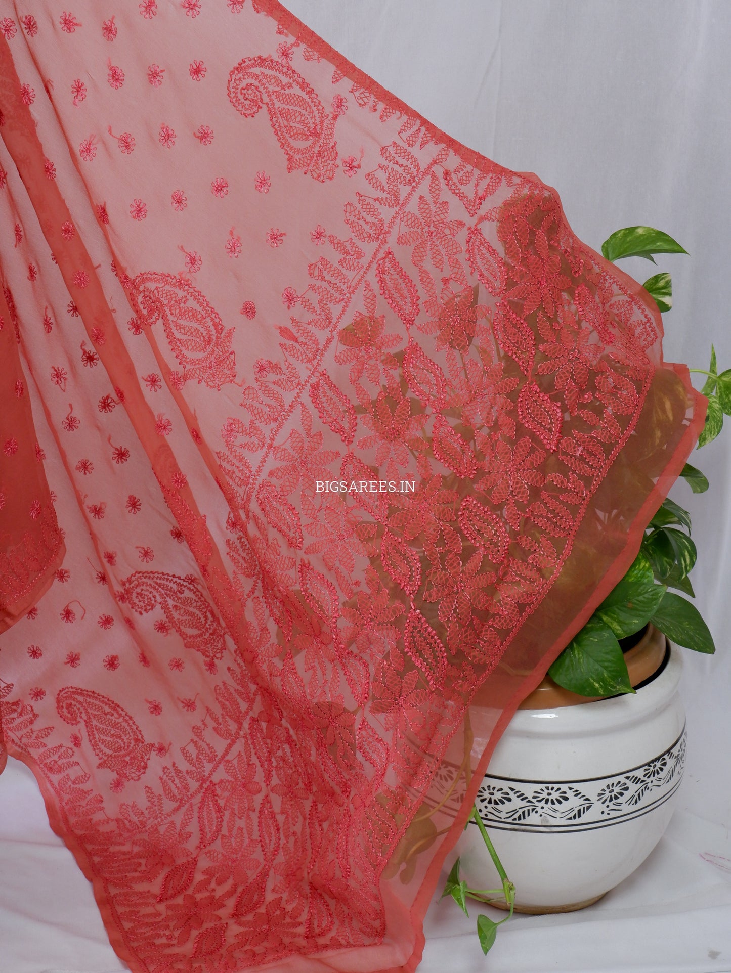 Chikankari Hand Embroidered Saree | Semi Georgette | Muted Red