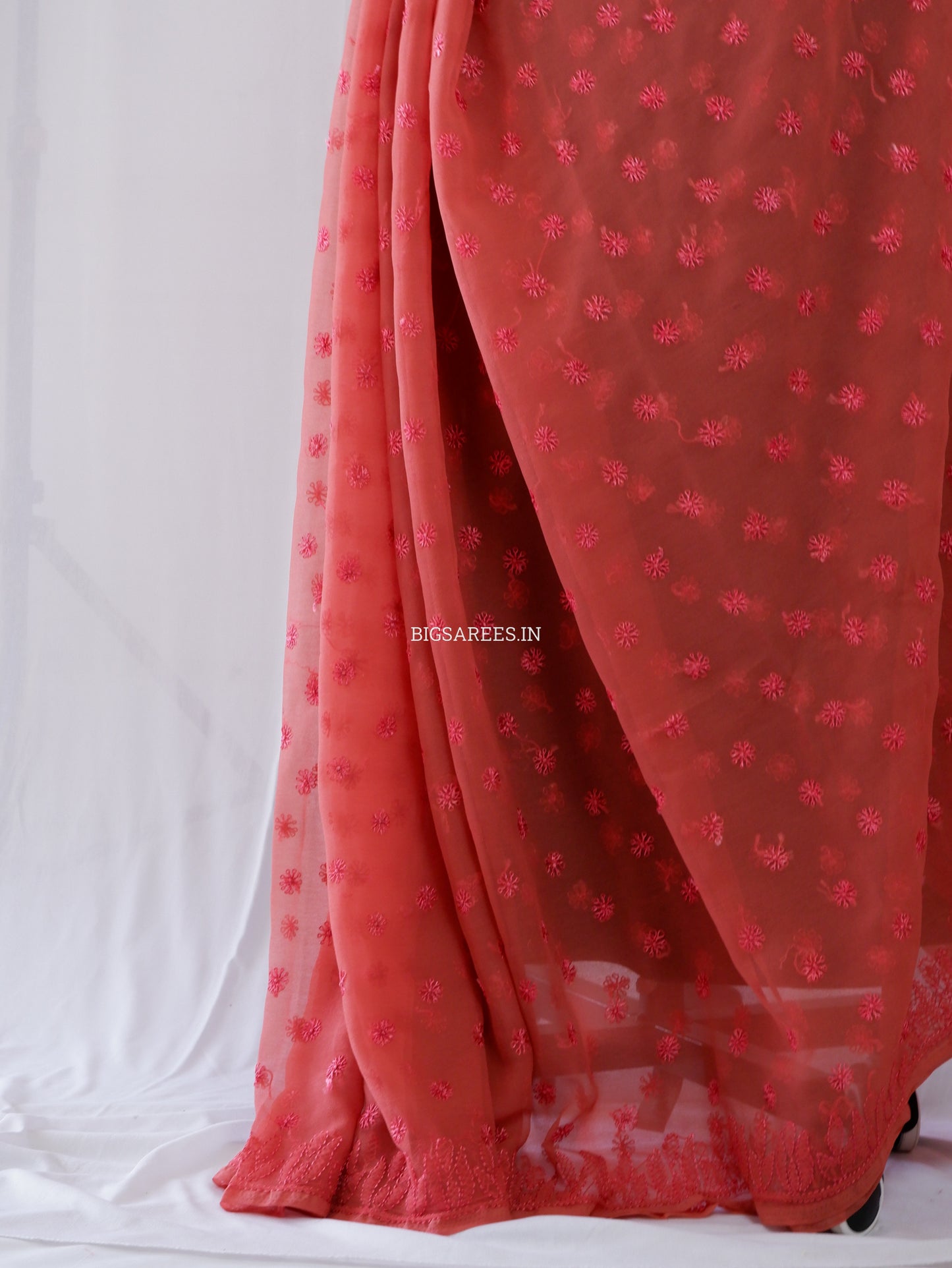 Chikankari Hand Embroidered Saree | Semi Georgette | Muted Red