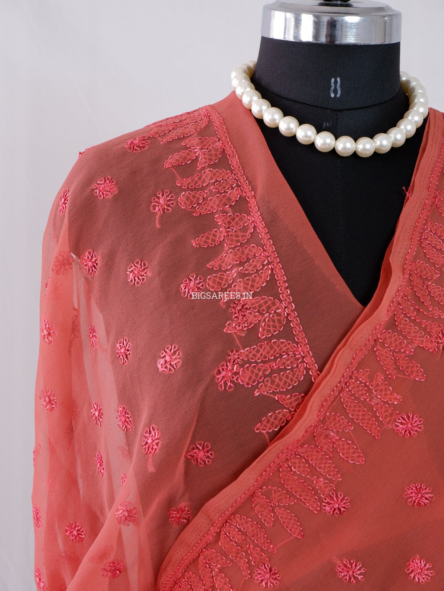 Chikankari Hand Embroidered Saree | Semi Georgette | Muted Red