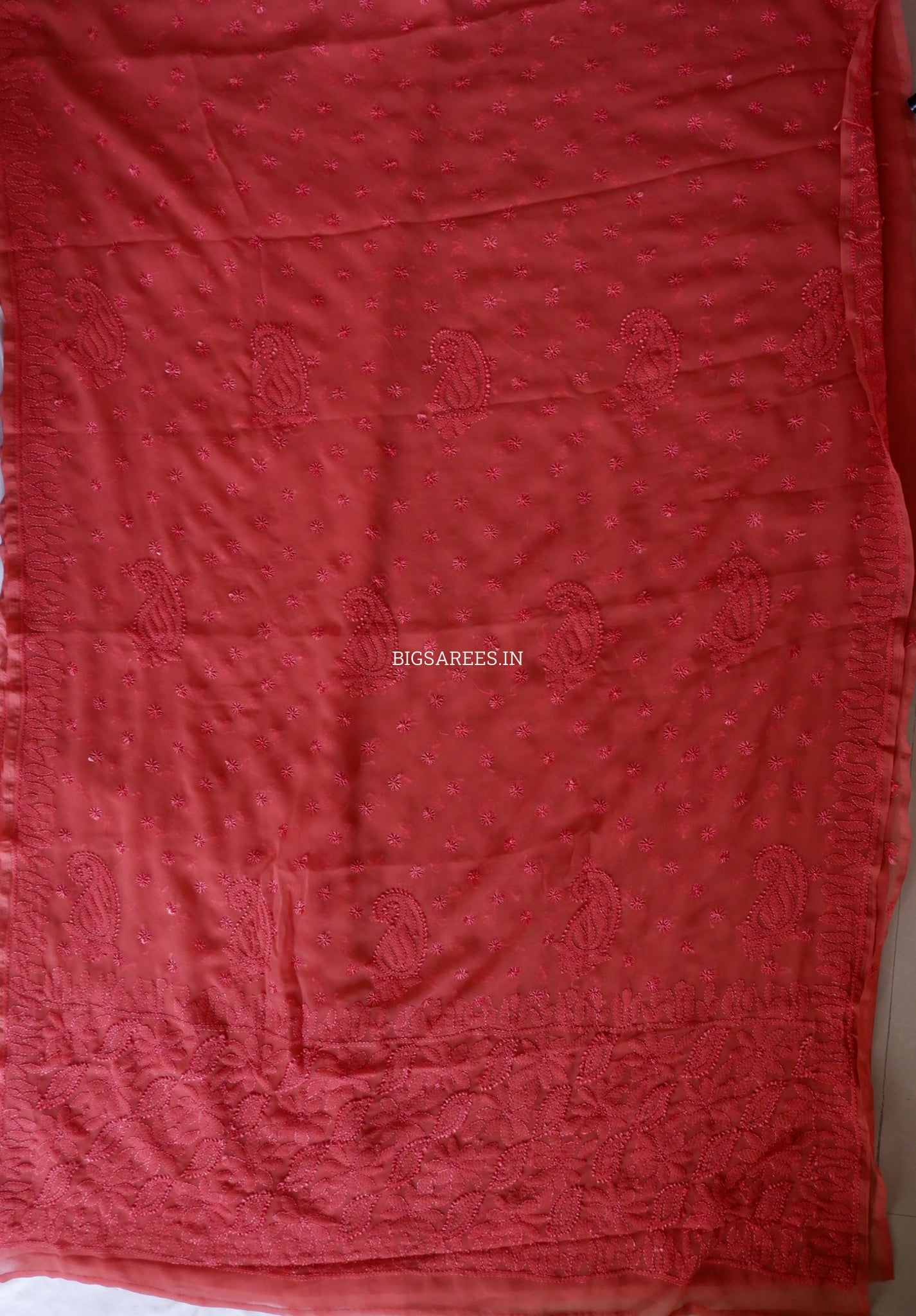 Chikankari Hand Embroidered Saree | Semi Georgette | Muted Red