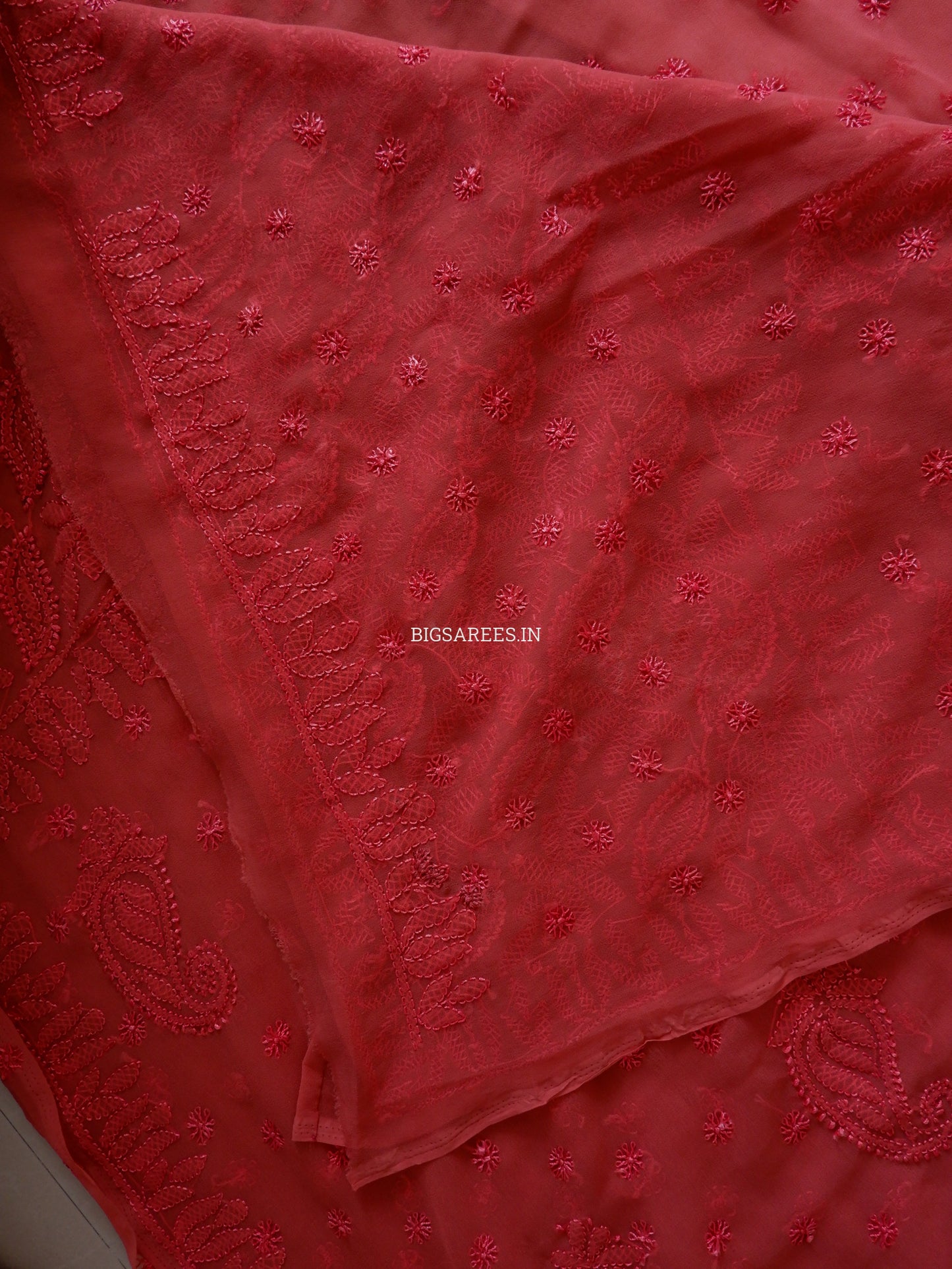 Chikankari Hand Embroidered Saree | Semi Georgette | Muted Red