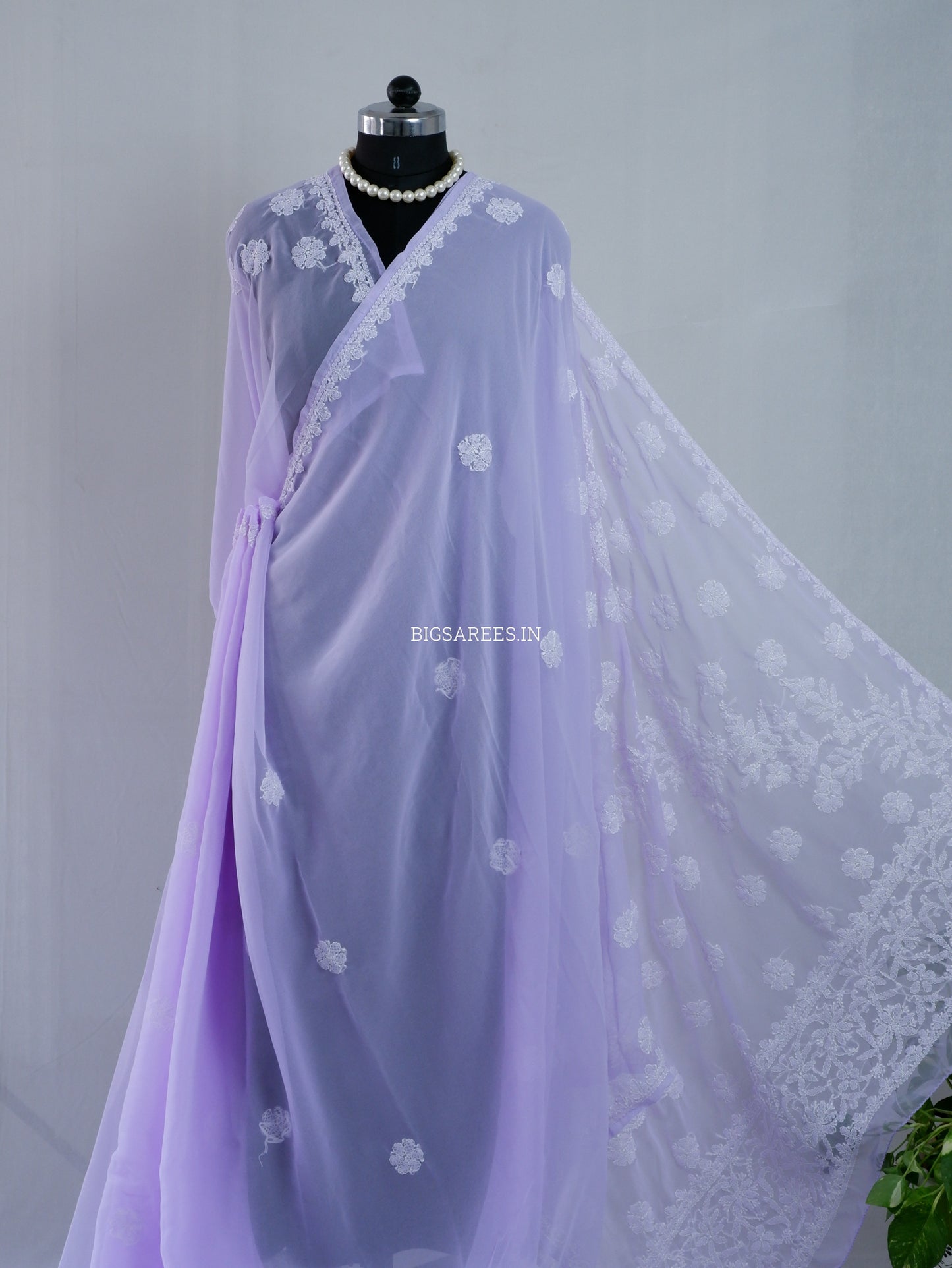 Chikankari Hand Embroidered Saree | Semi Georgette | Pastel Purple