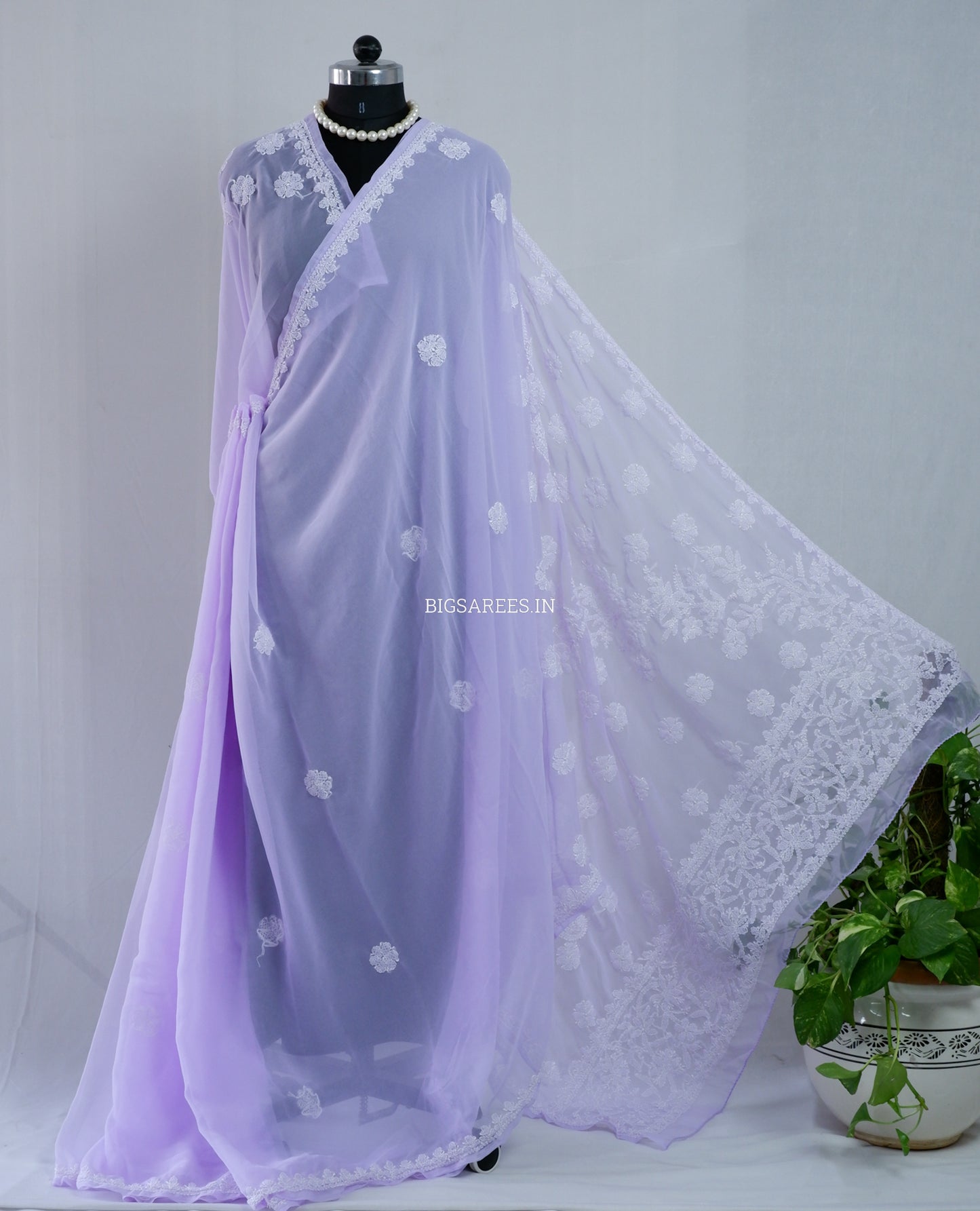 Chikankari Hand Embroidered Saree | Semi Georgette | Pastel Purple