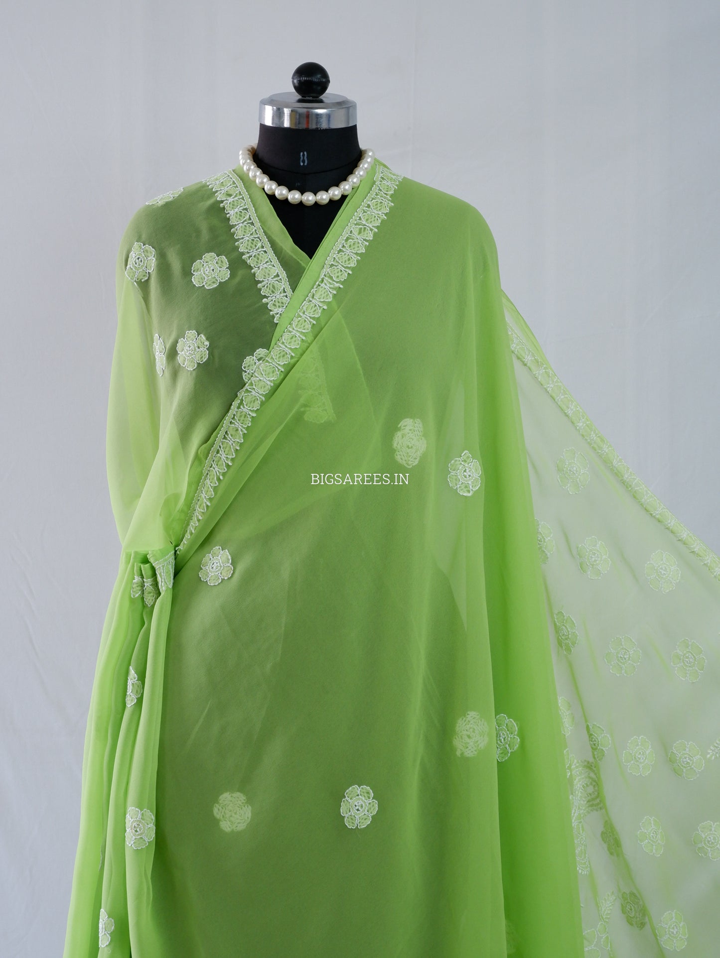 Chikankari Hand Embroidered Saree | Semi Georgette | Green