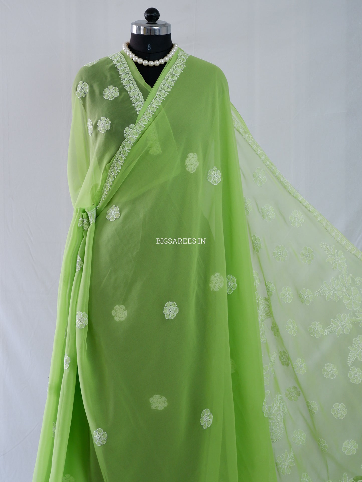 Chikankari Hand Embroidered Saree | Semi Georgette | Green