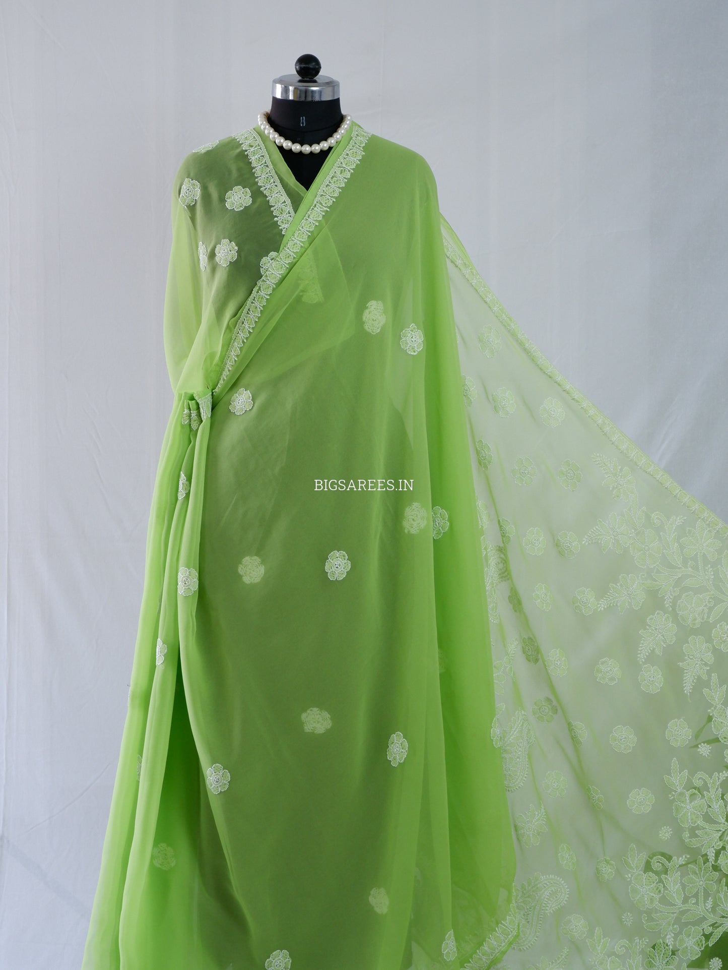Chikankari Hand Embroidered Saree | Semi Georgette | Green