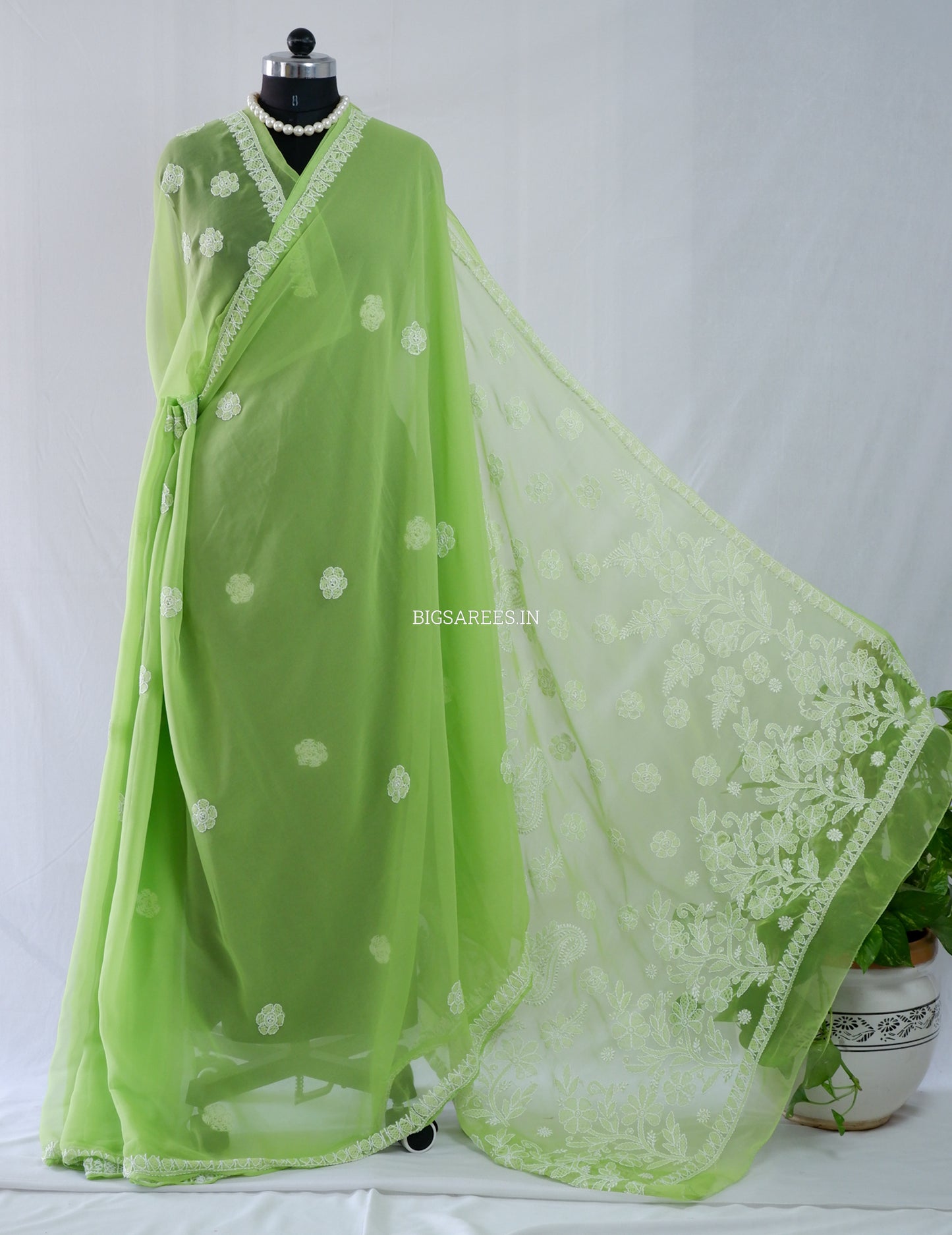 Chikankari Hand Embroidered Saree | Semi Georgette | Green