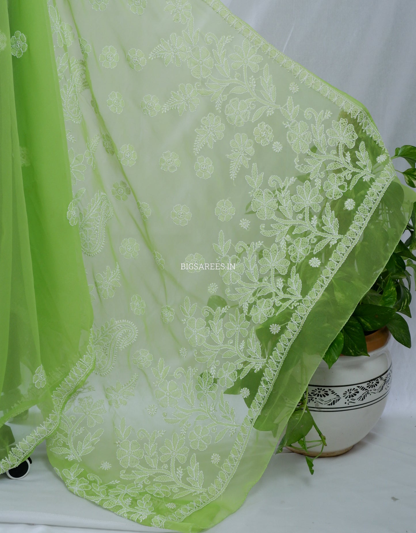 Chikankari Hand Embroidered Saree | Semi Georgette | Green