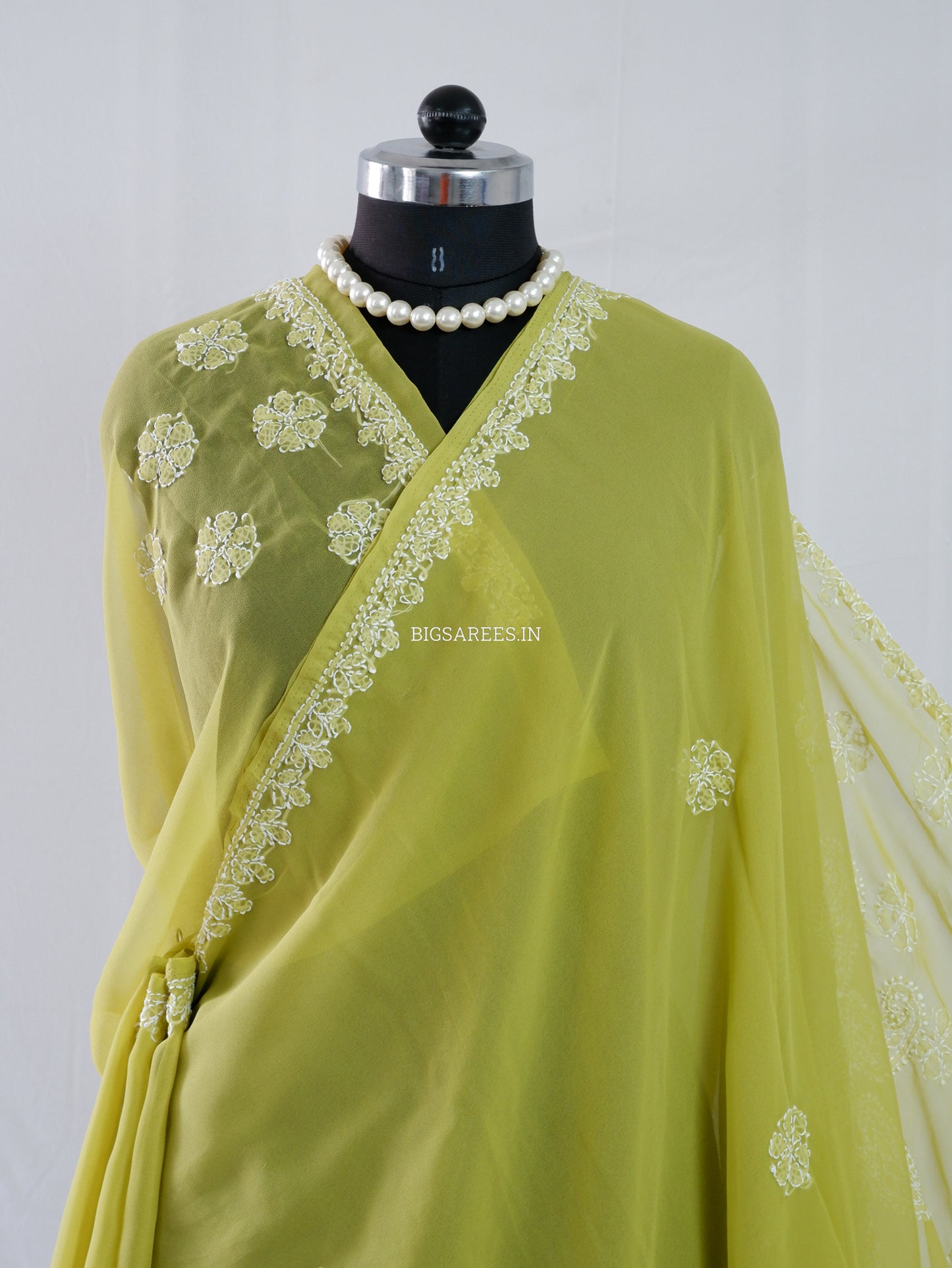 Chikankari Hand Embroidered Saree | Semi Georgette | Olive Green