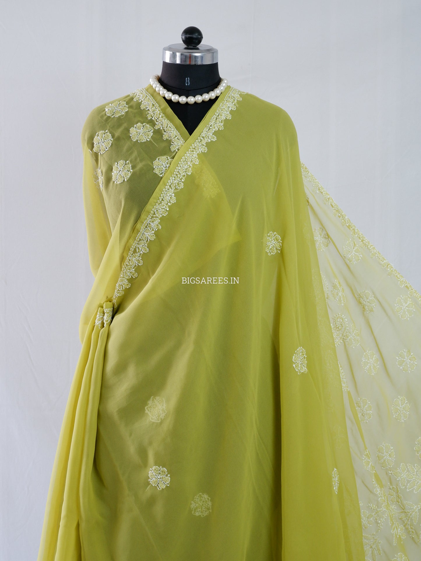 Chikankari Hand Embroidered Saree | Semi Georgette | Olive Green