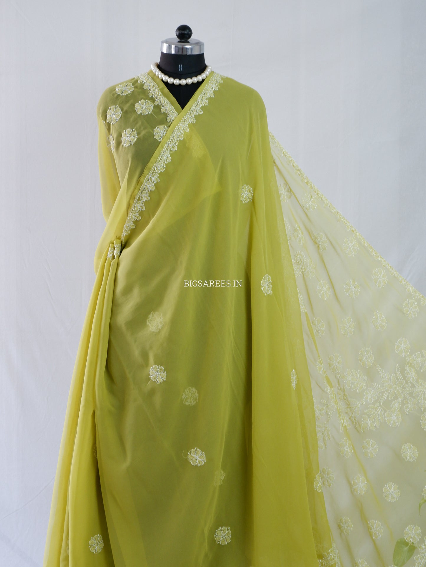 Chikankari Hand Embroidered Saree | Semi Georgette | Olive Green