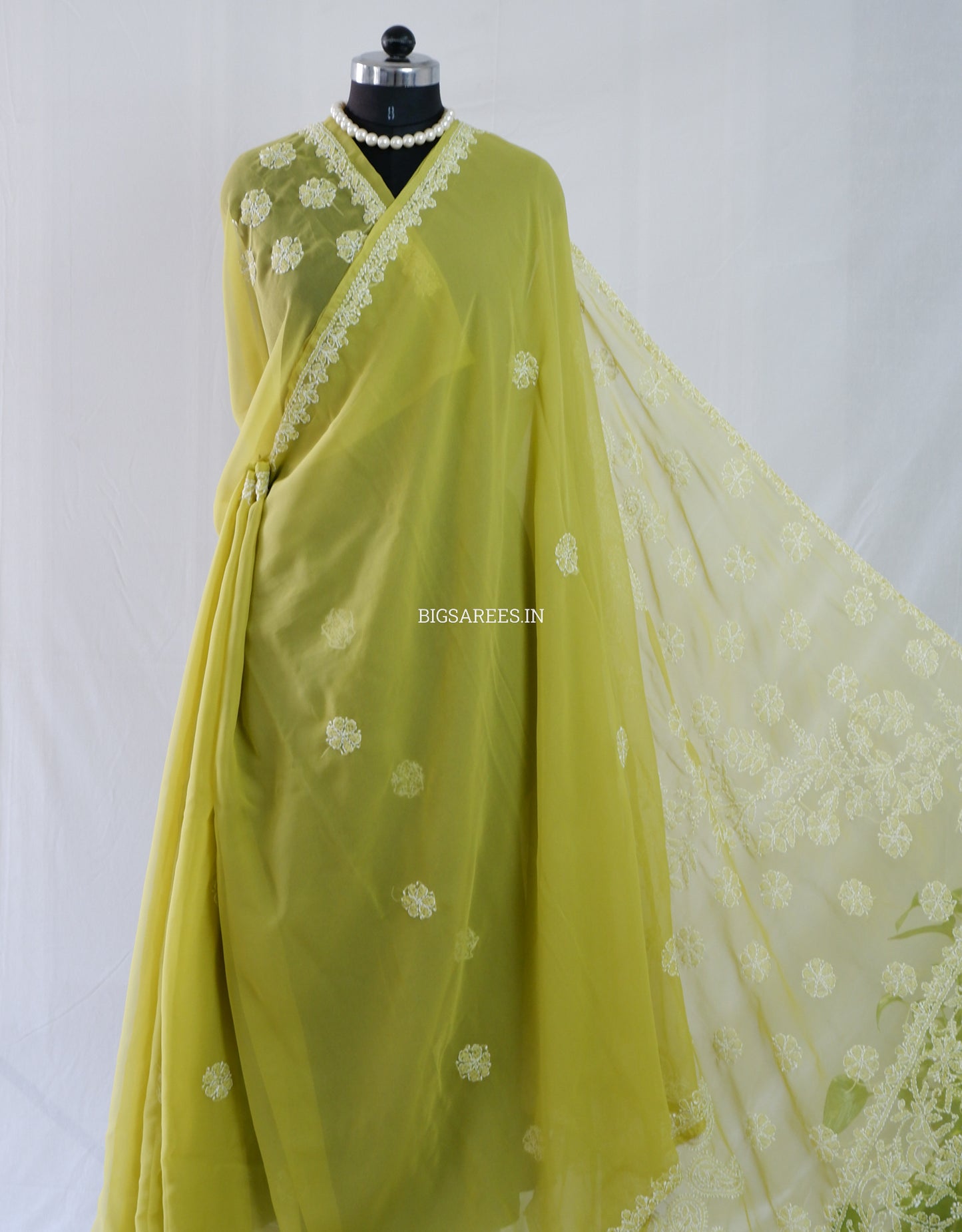 Chikankari Hand Embroidered Saree | Semi Georgette | Olive Green