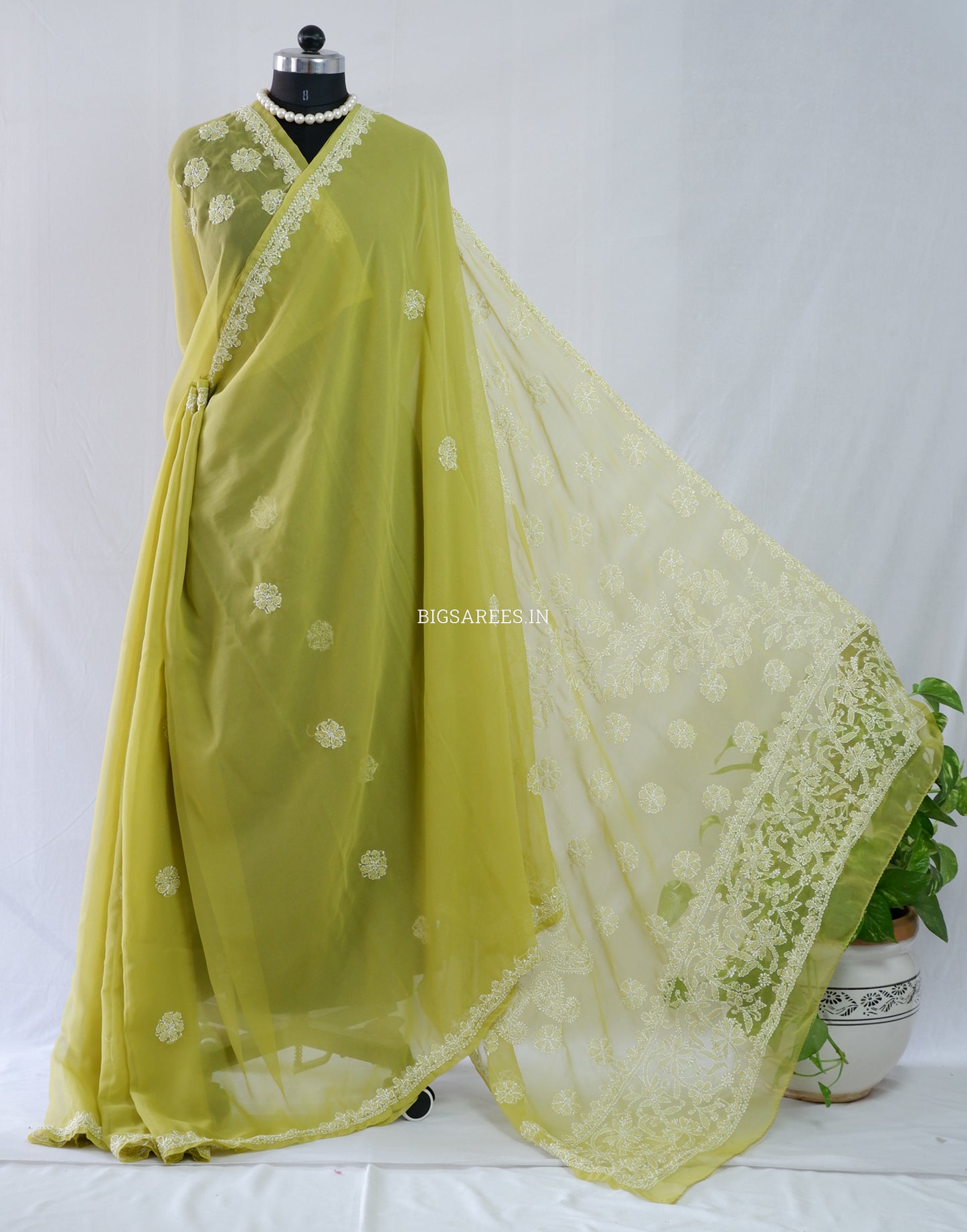 Chikankari Hand Embroidered Saree | Semi Georgette | Olive Green