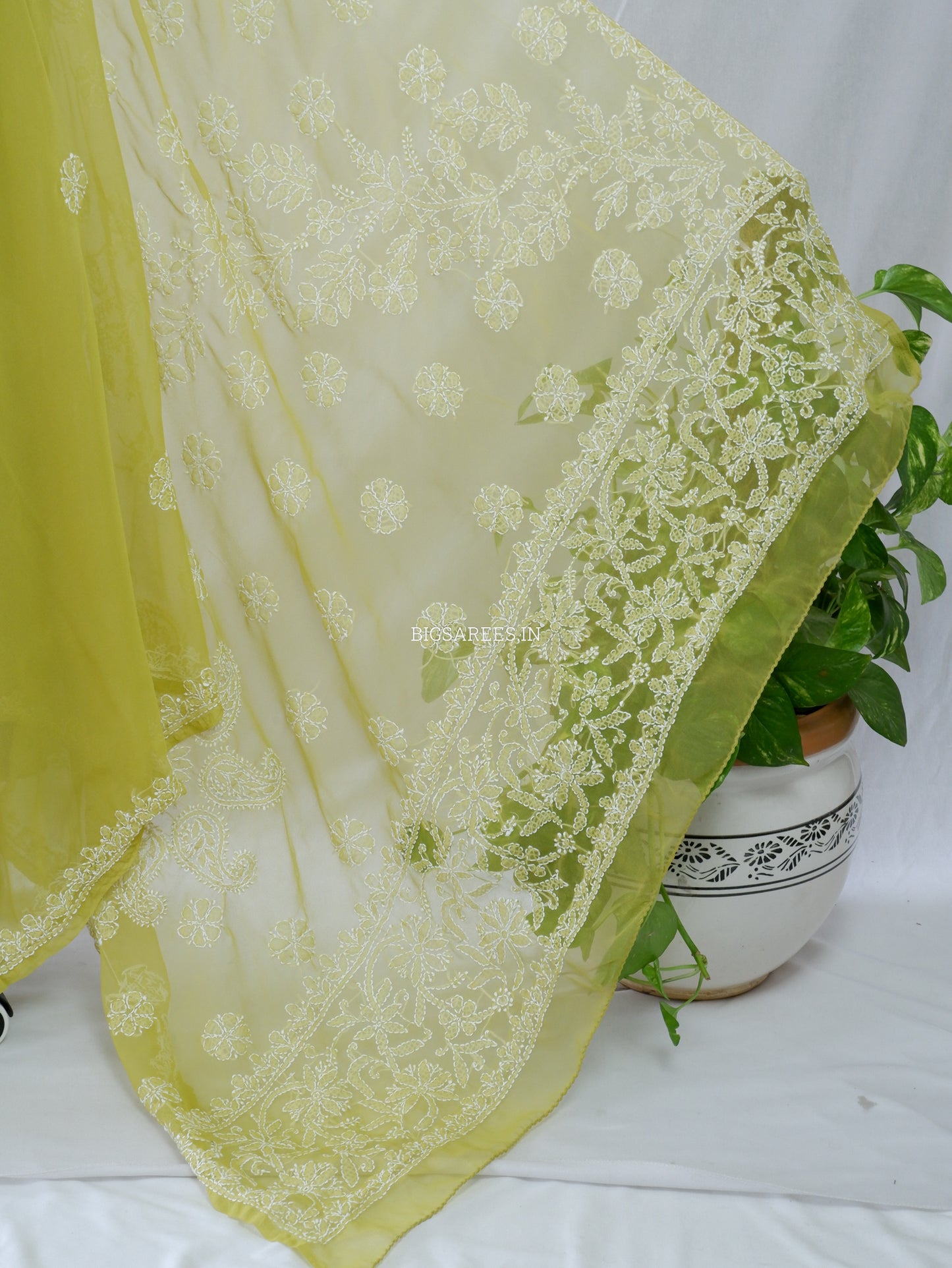 Chikankari Hand Embroidered Saree | Semi Georgette | Olive Green