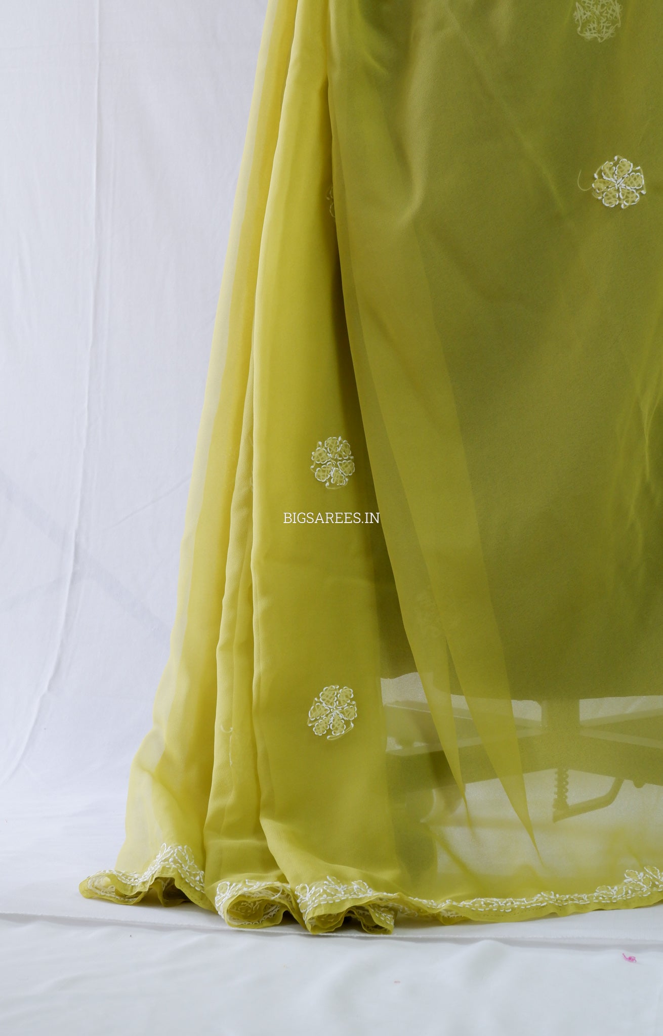 Chikankari Hand Embroidered Saree | Semi Georgette | Olive Green