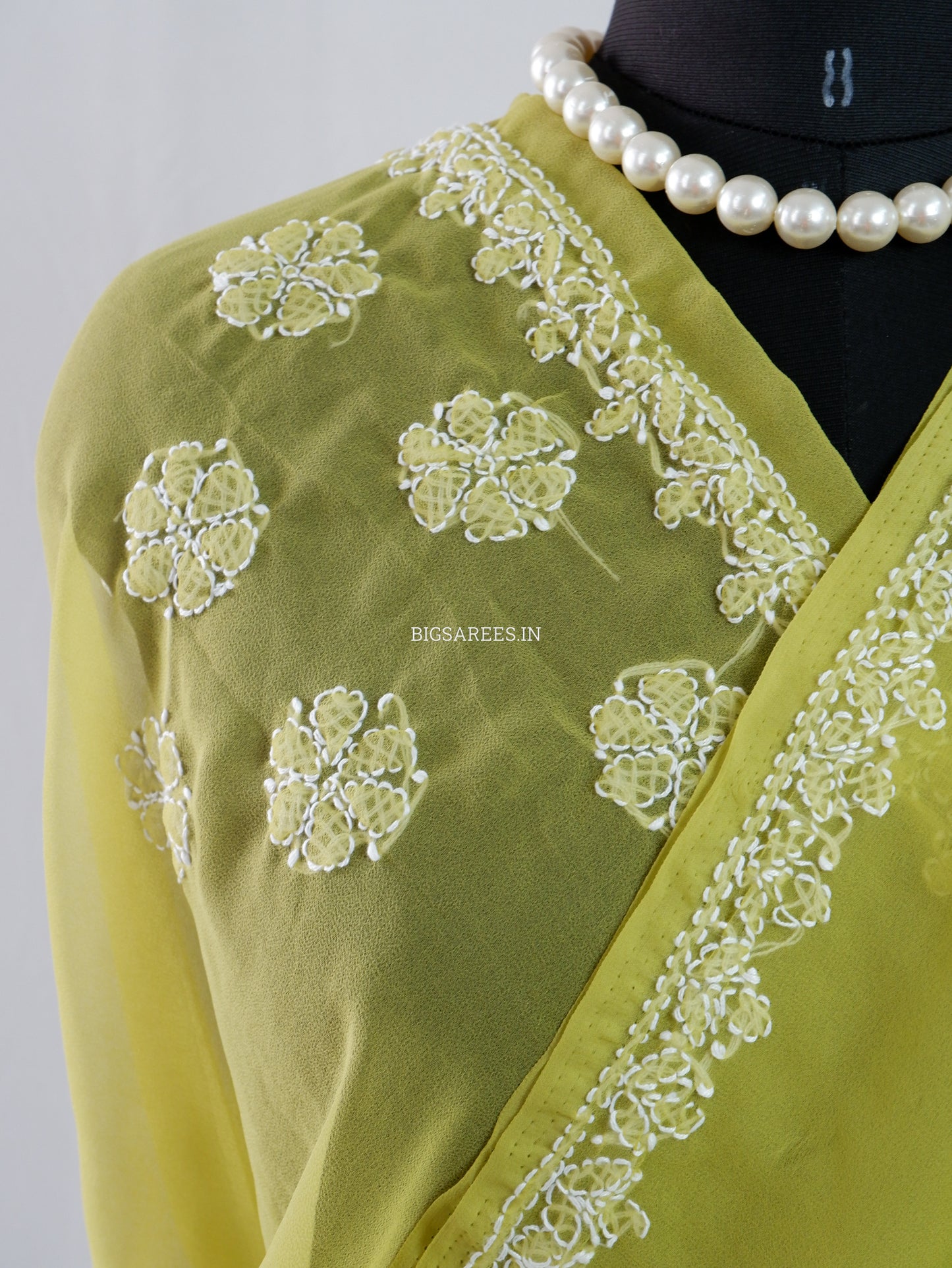 Chikankari Hand Embroidered Saree | Semi Georgette | Olive Green
