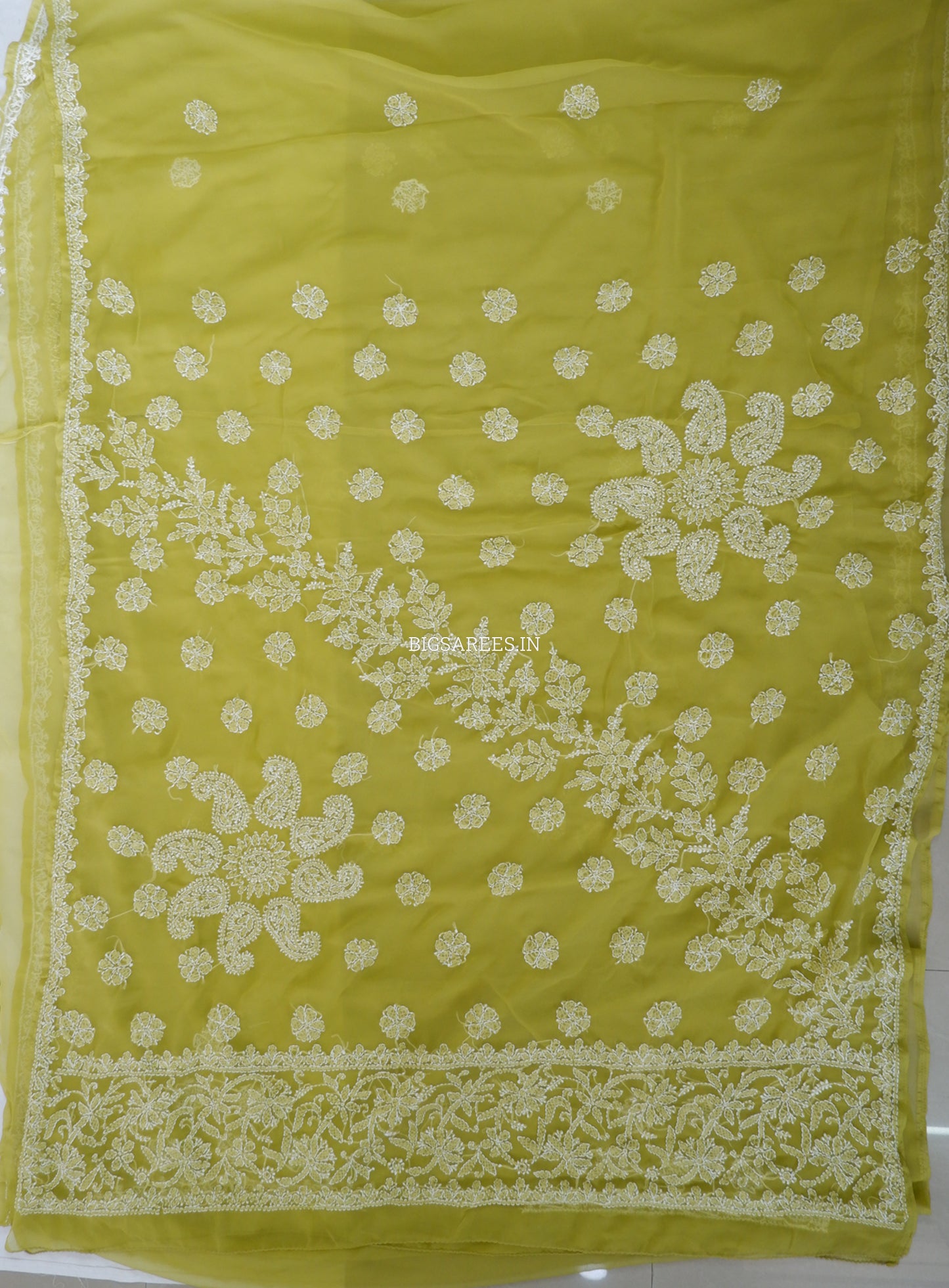 Chikankari Hand Embroidered Saree | Semi Georgette | Olive Green
