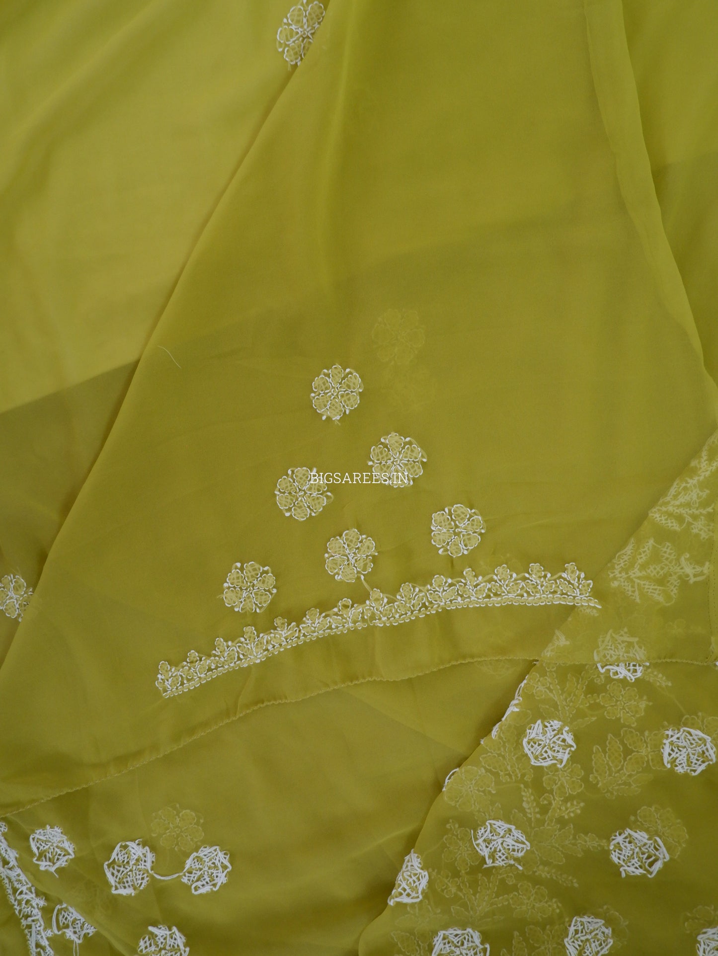 Chikankari Hand Embroidered Saree | Semi Georgette | Olive Green