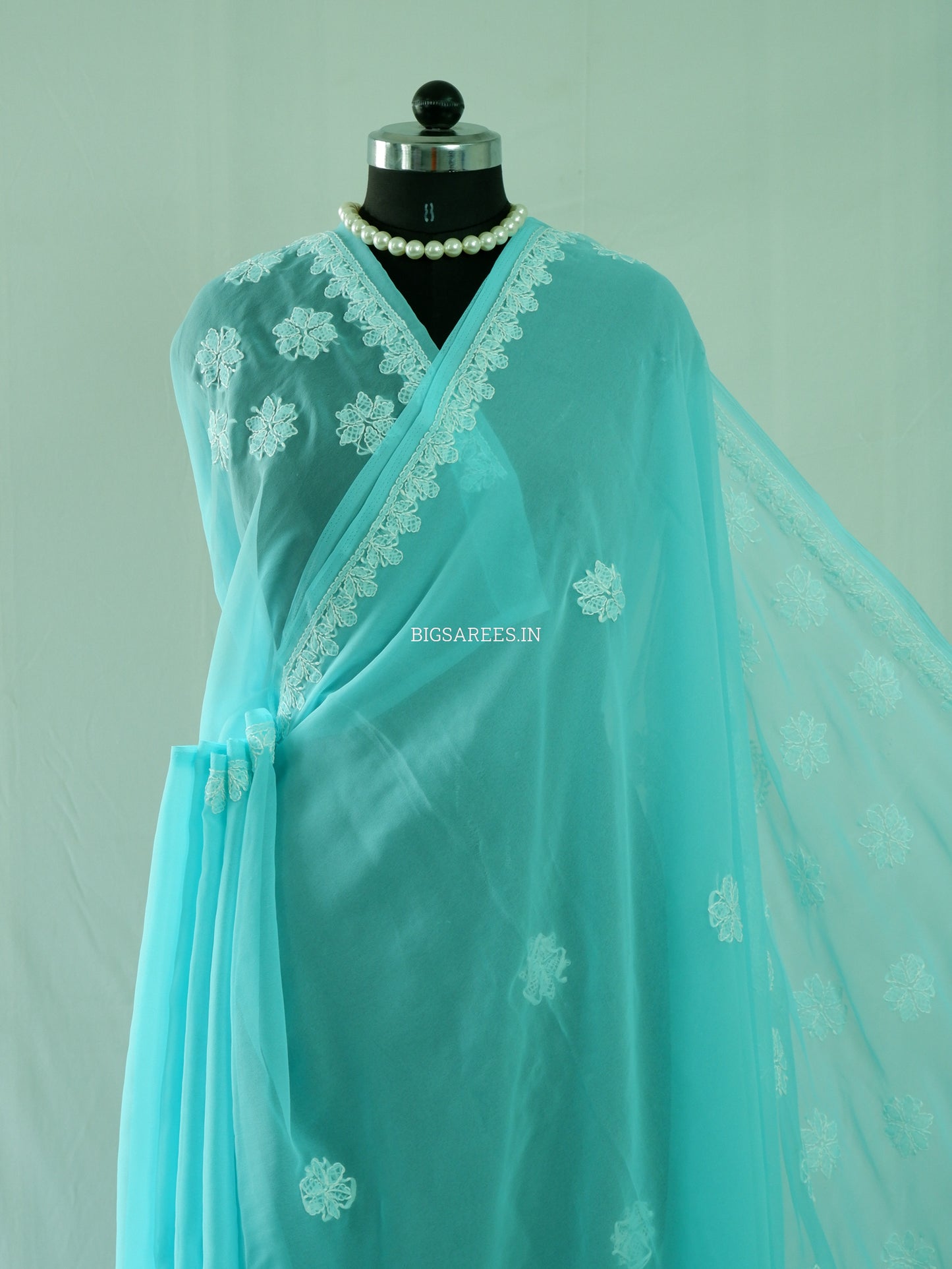 Chikankari Hand Embroidered Saree | Semi Georgette | Turquoise