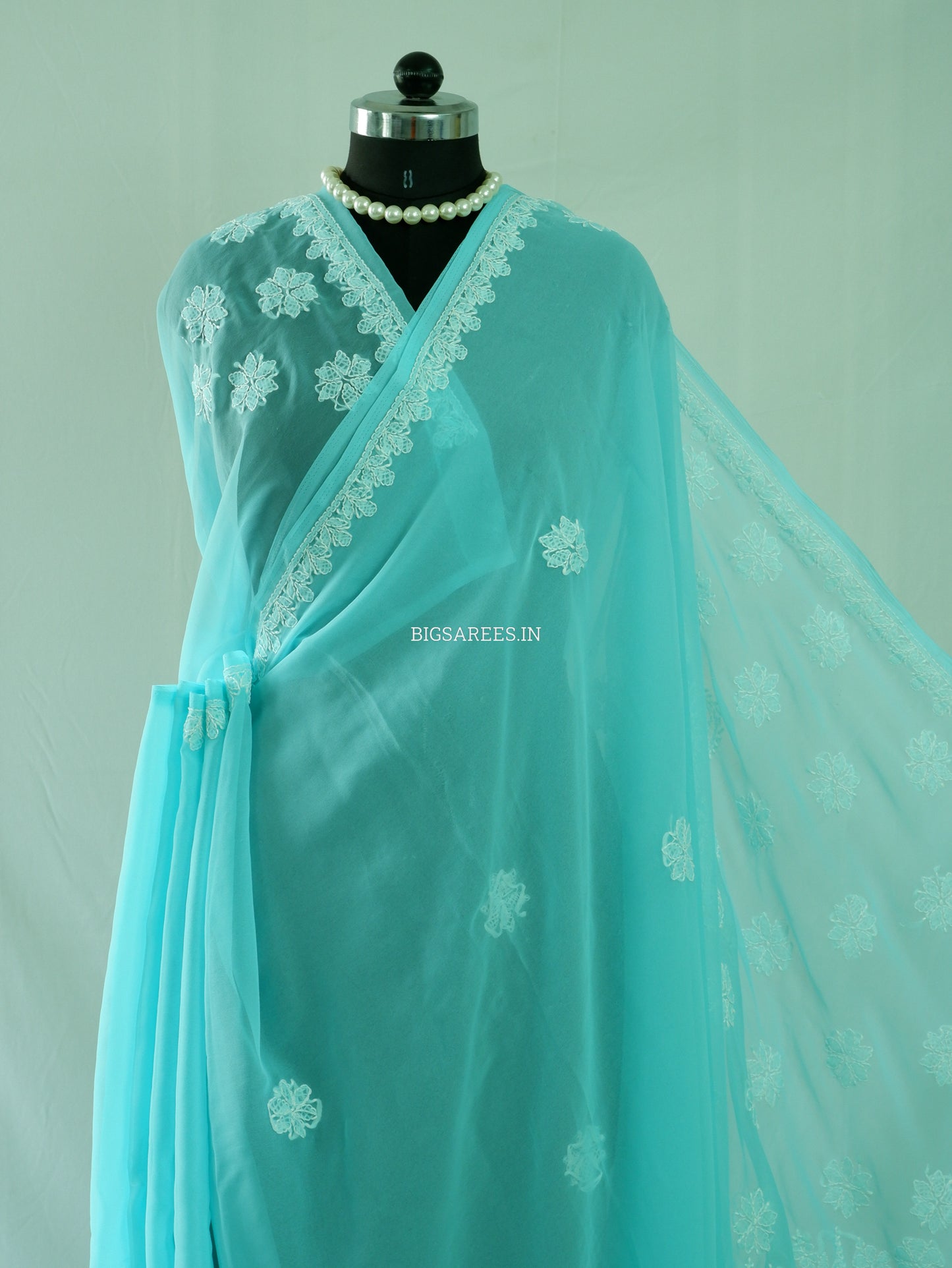 Chikankari Hand Embroidered Saree | Semi Georgette | Turquoise