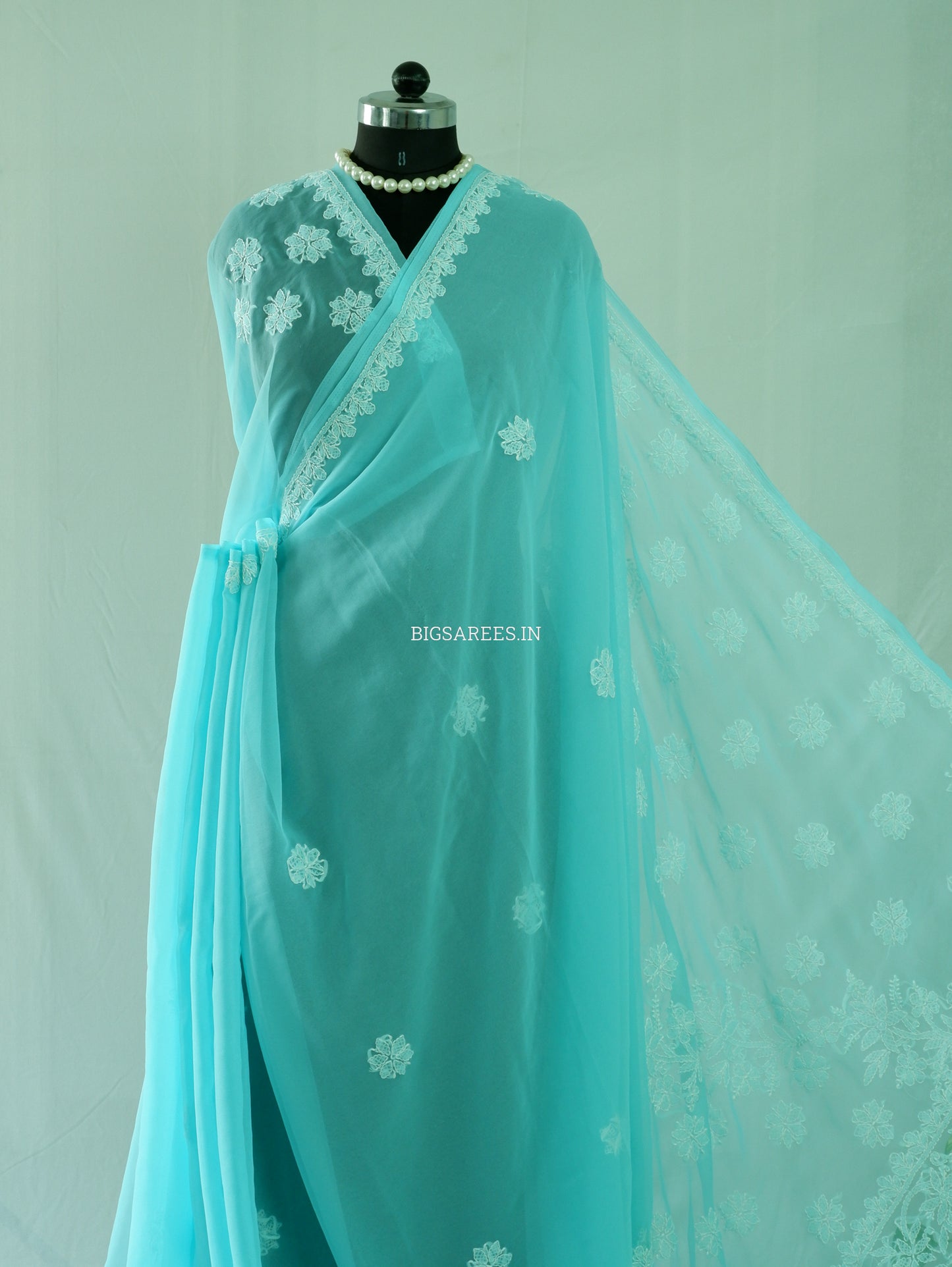 Chikankari Hand Embroidered Saree | Semi Georgette | Turquoise