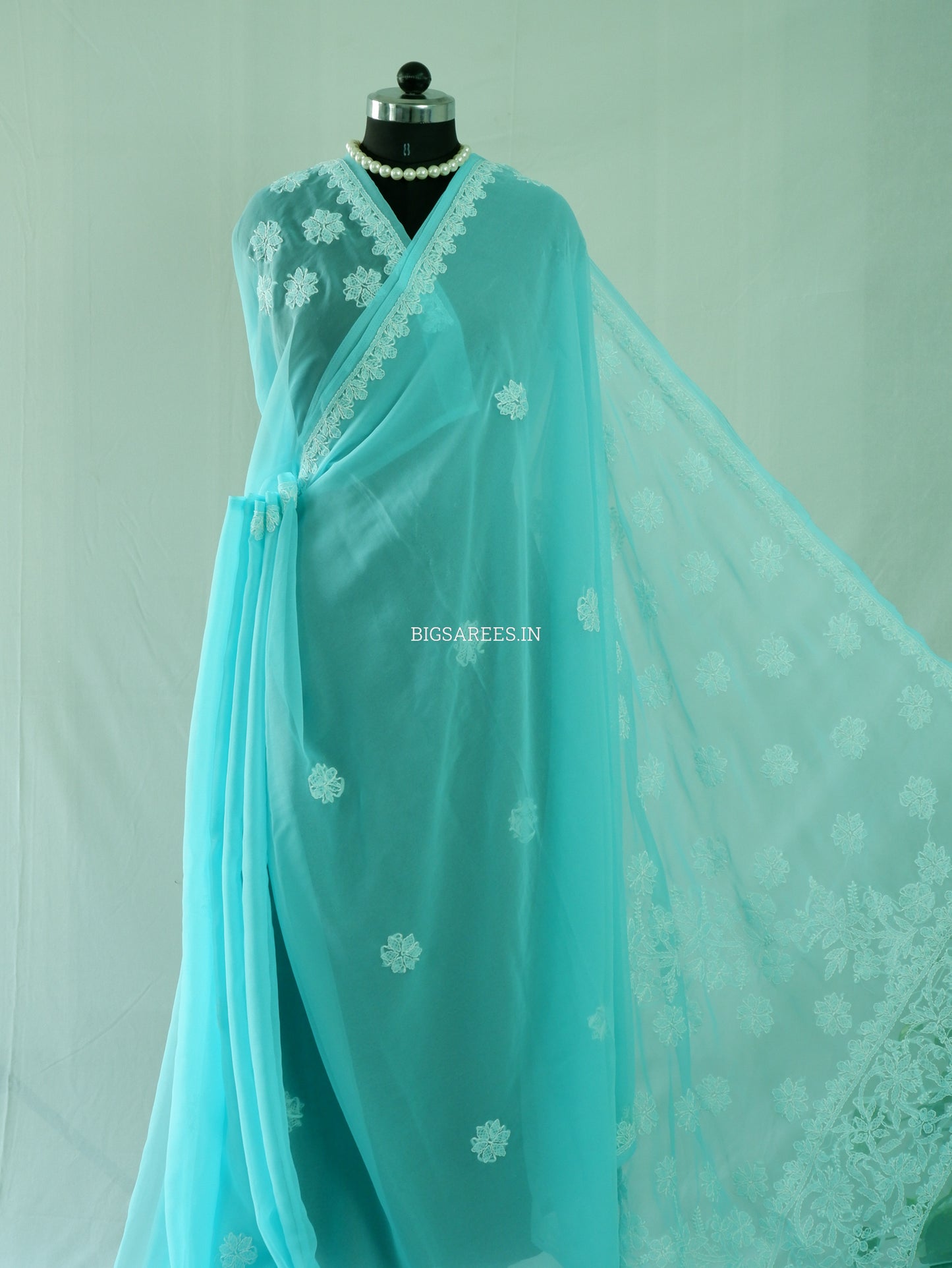 Chikankari Hand Embroidered Saree | Semi Georgette | Turquoise