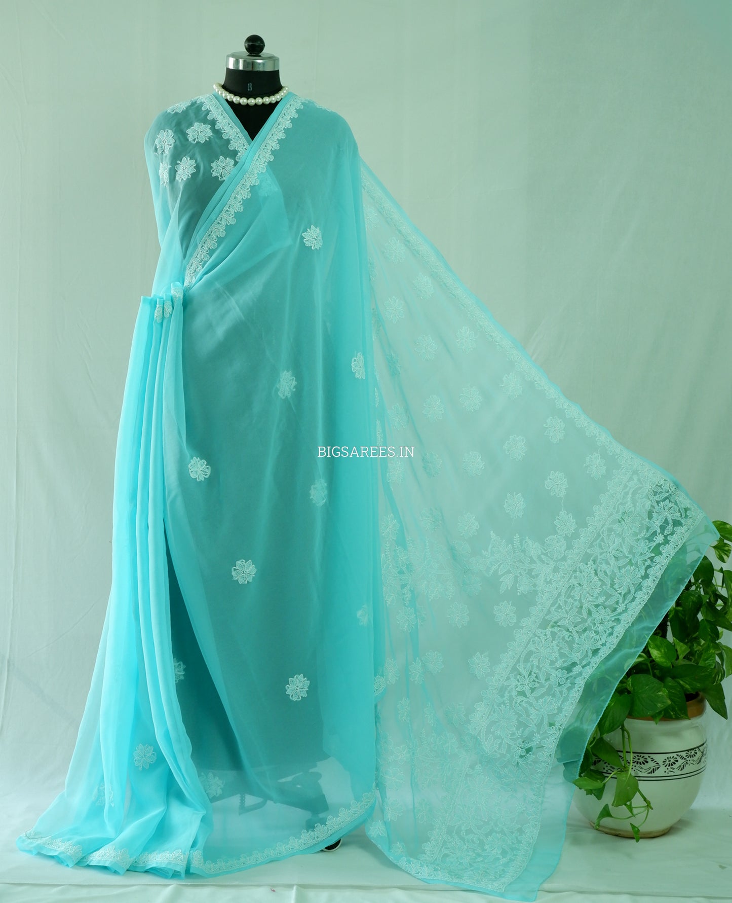 Chikankari Hand Embroidered Saree | Semi Georgette | Turquoise