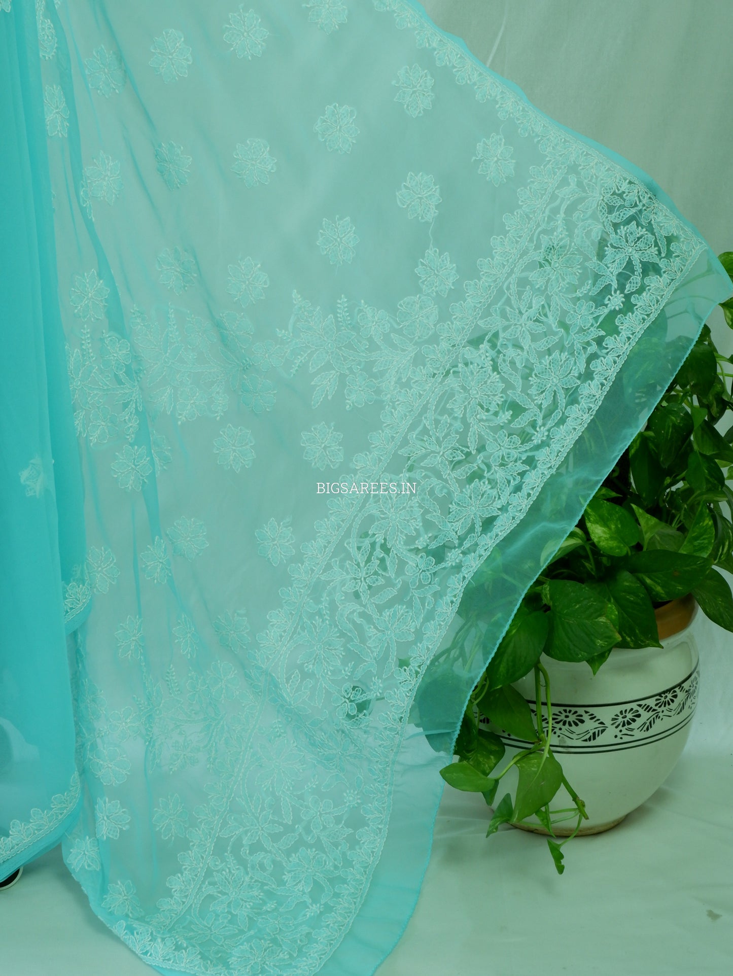 Chikankari Hand Embroidered Saree | Semi Georgette | Turquoise
