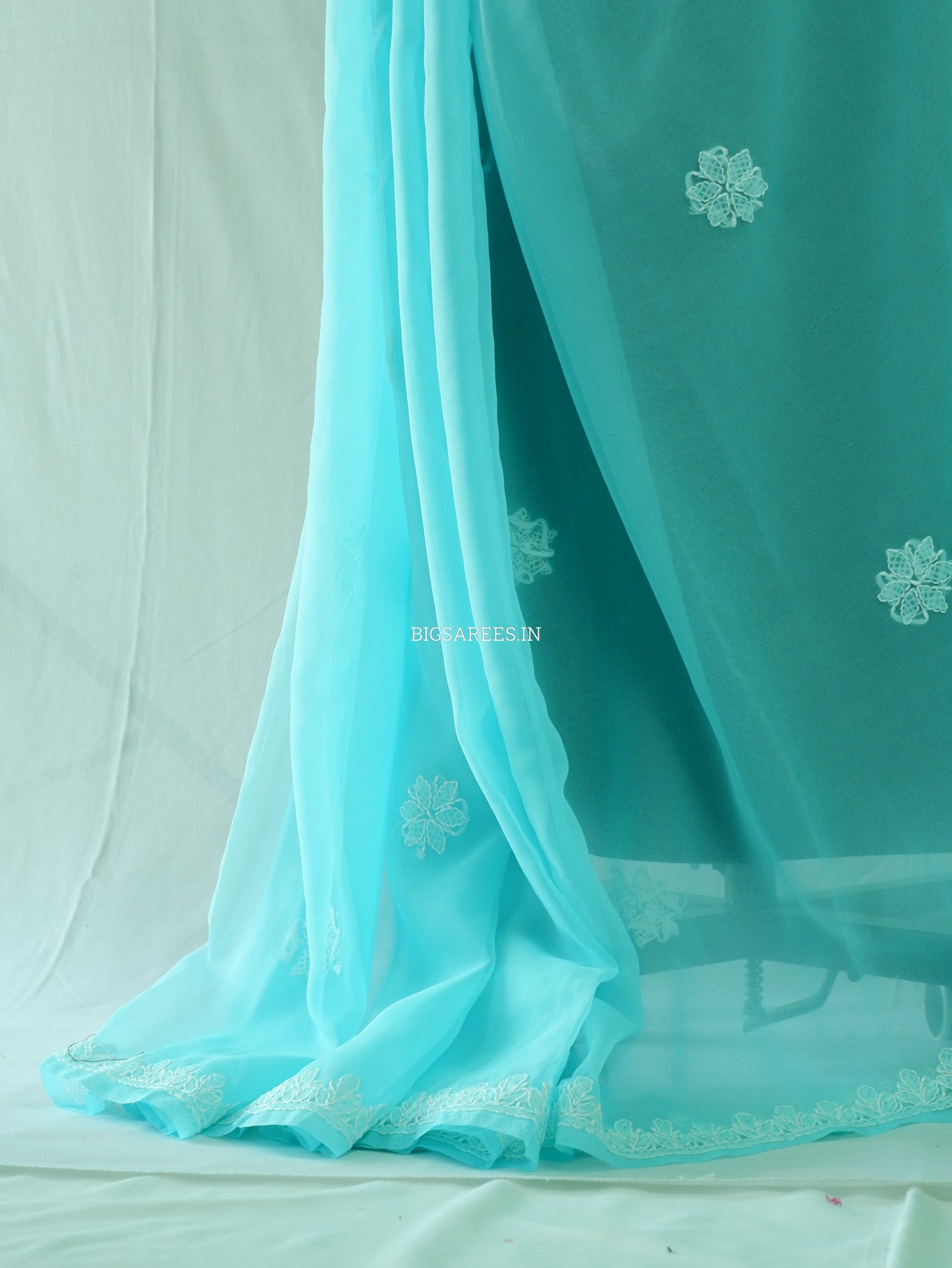 Chikankari Hand Embroidered Saree | Semi Georgette | Turquoise