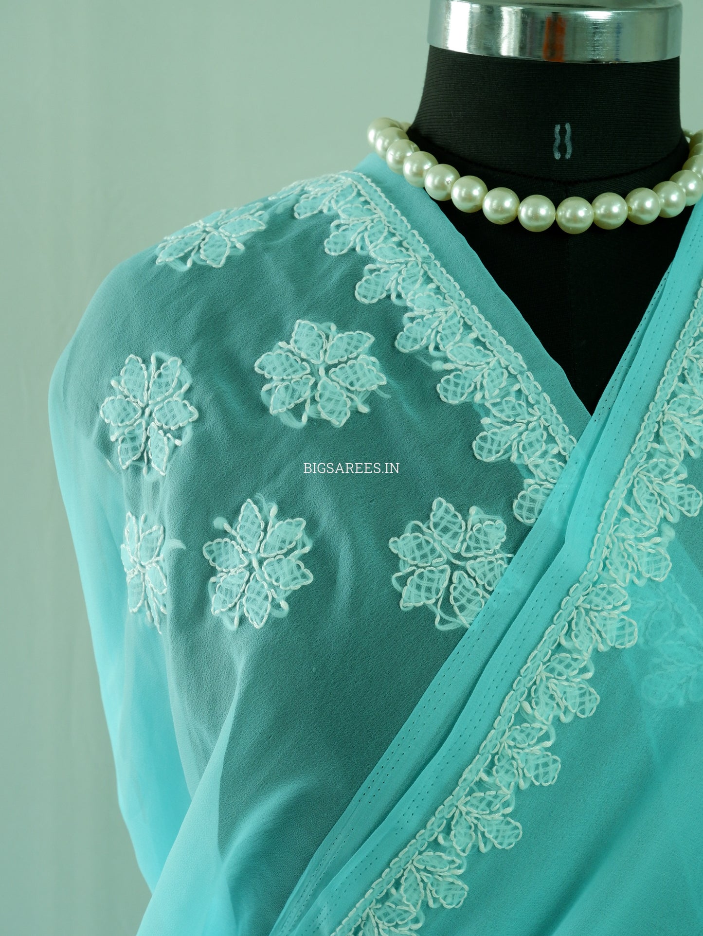 Chikankari Hand Embroidered Saree | Semi Georgette | Turquoise