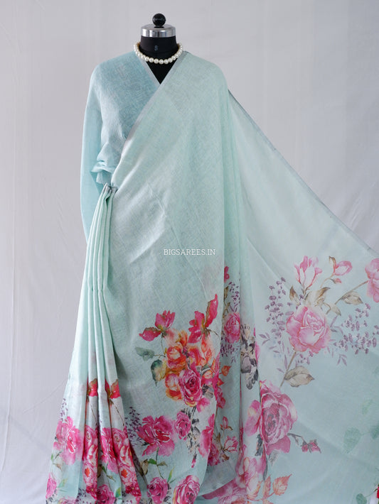 Digital Print Saree | Linen by Linen | Light Sea Green