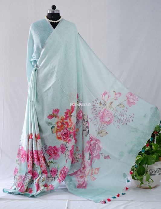 Digital Print Saree | Linen by Linen | Light Sea Green