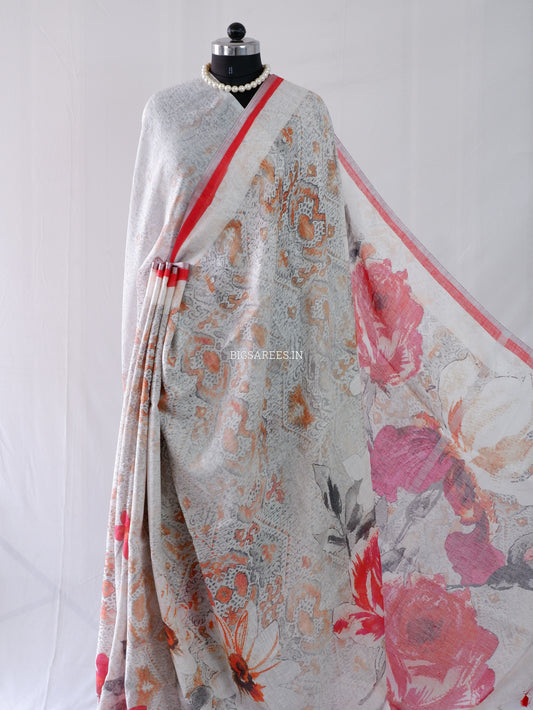 Digital Print Saree | Linen by Linen | Grey