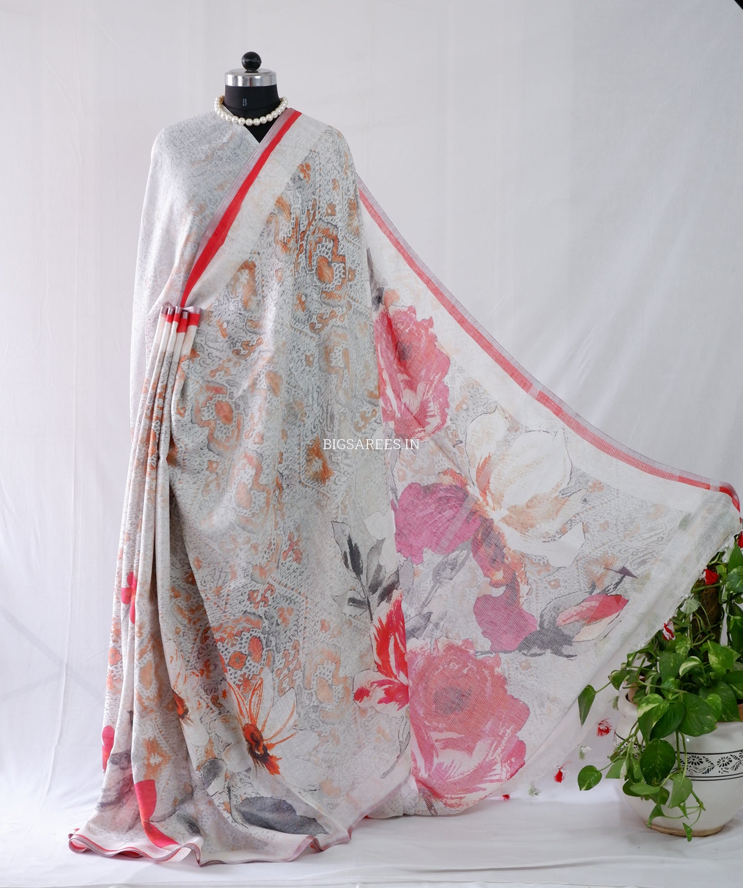 Digital Print Saree | Linen by Linen | Grey