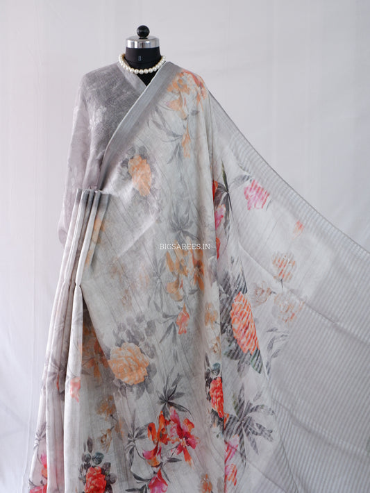 Digital Print Saree | Linen by Linen | Gray