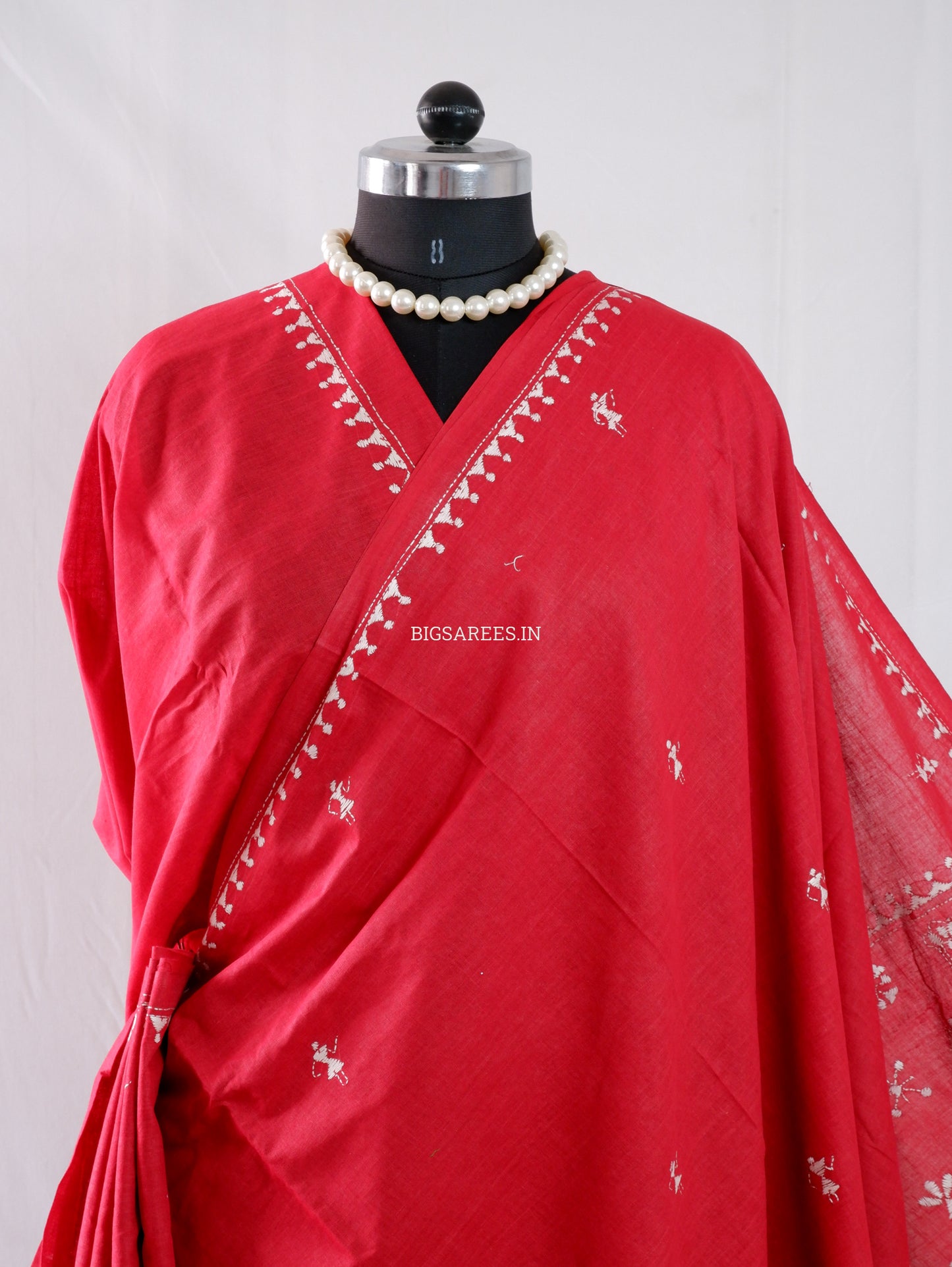 Kantha Hand-Embroidered Saree | Pure Khadi Cotton | Red